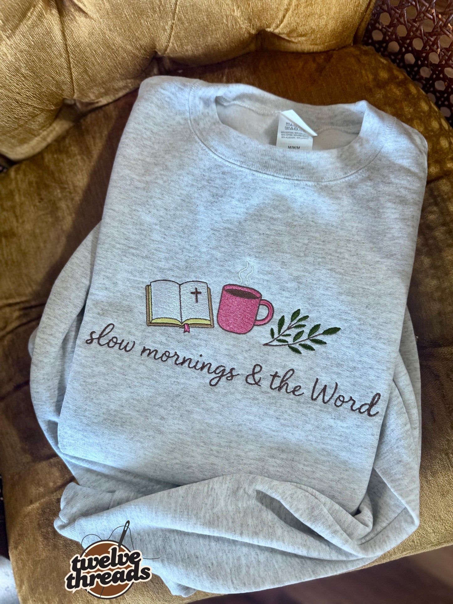 Embroidered faith christian t shirt crew, slow mornings and the word, Bible, coffee cup, embroidery, custom embroidered sweatshirt, god