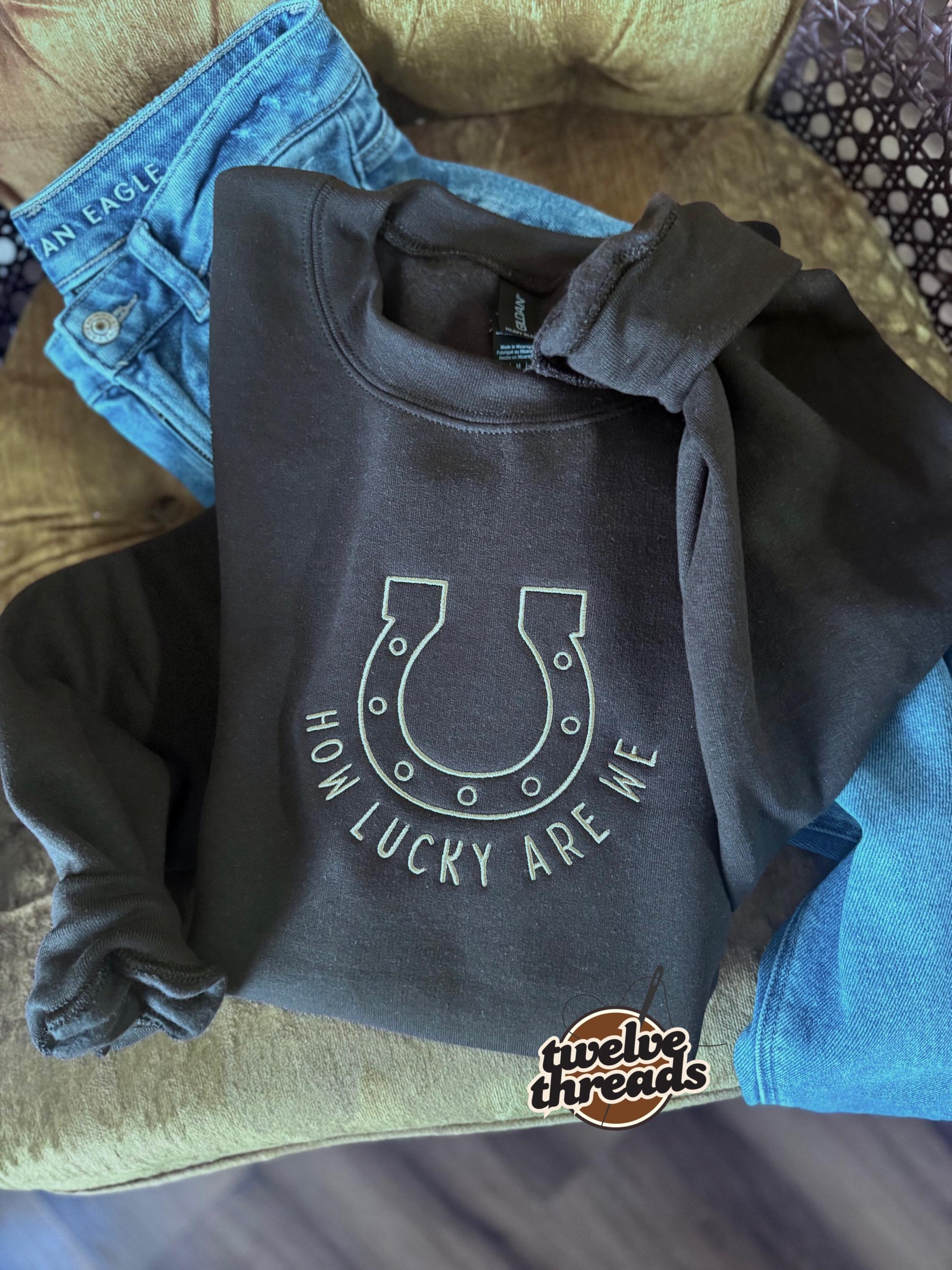 Embroidered how lucky are we, horseshoe lucky, embroidery, country song, trendy embroidered t shirt crewneck, comfort colors, music trends