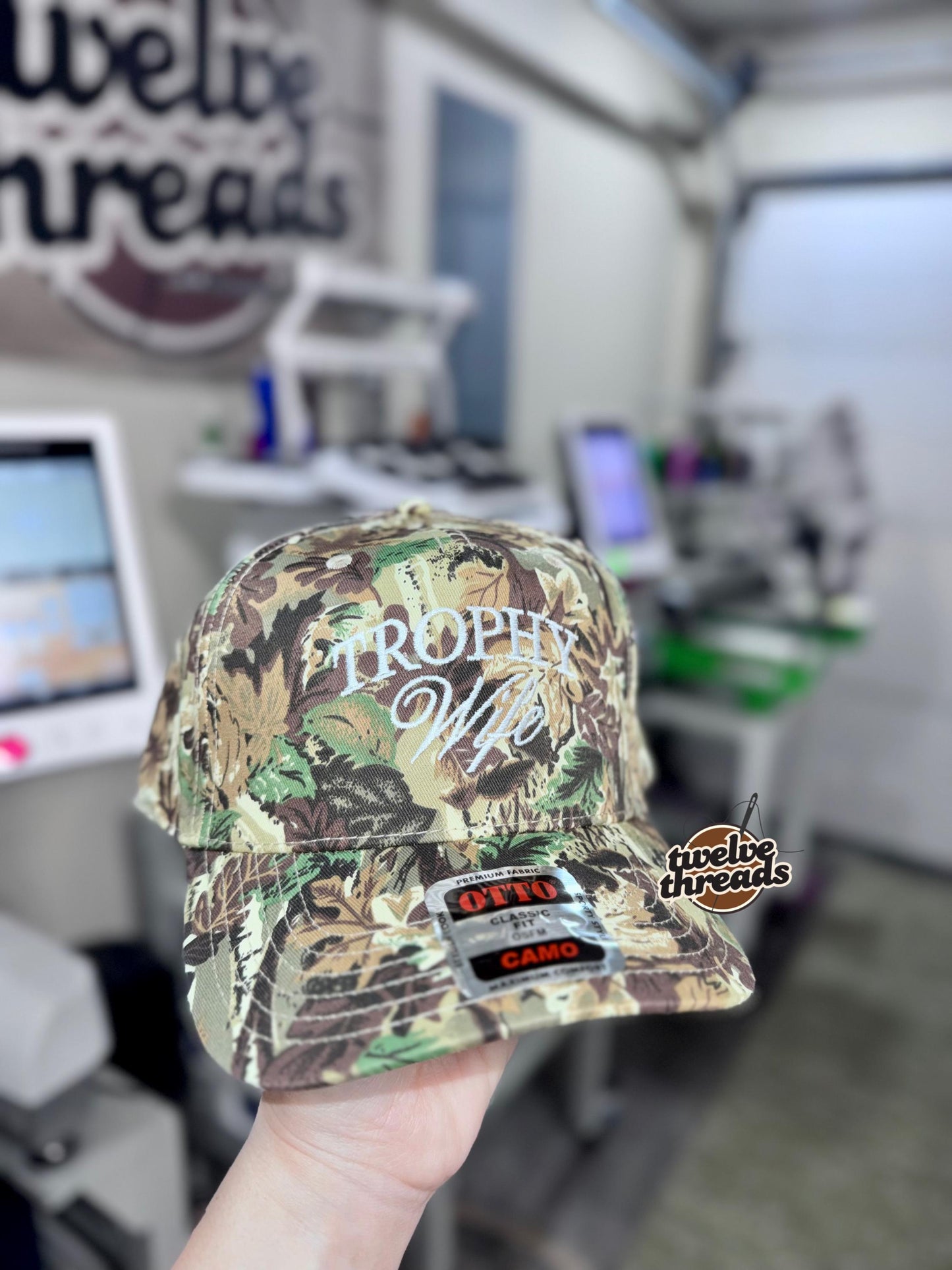 Embroidered trophy wife Otto cap, 5 panel Otto cap, trucker hat, custom embroidery, embroidery trucker hat, monochrome look