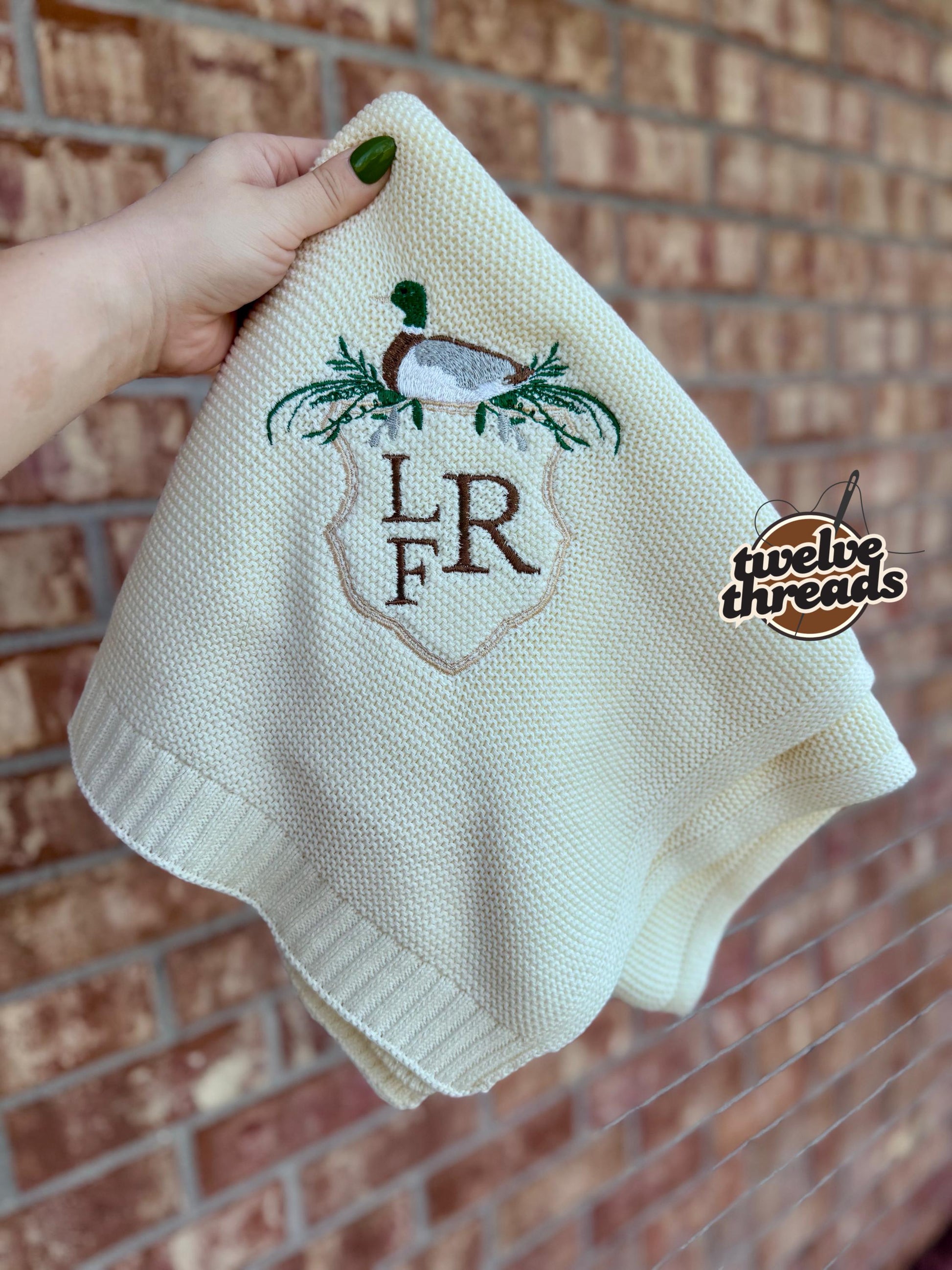 Embroidered crested mallard knitted blanket quilt with custom monogram, personalized baby blanket, baby quilt, embroidered custom blanket