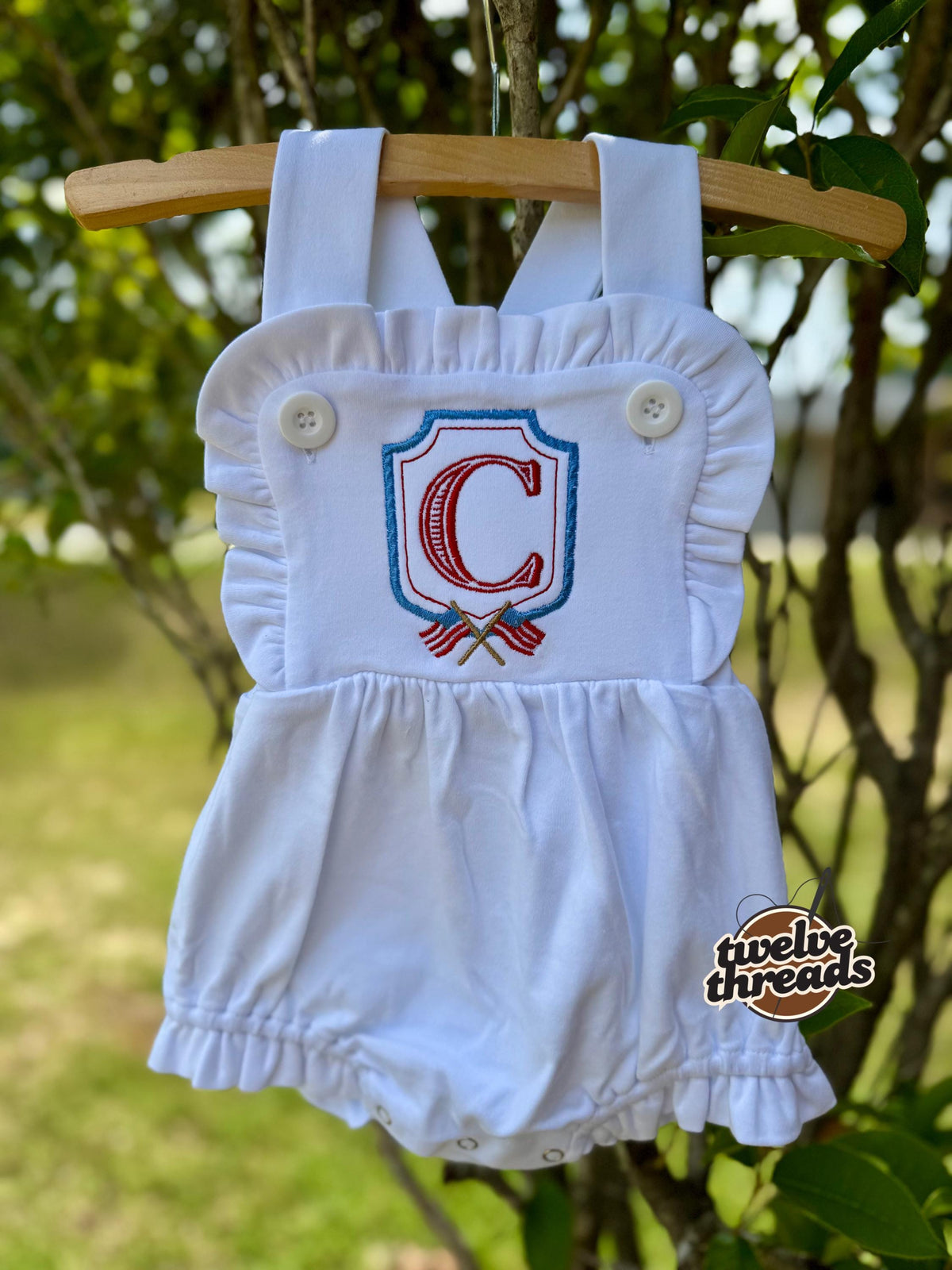 Embroidered crest American flag Fourth of July romper outfit, holiday kids outfit embroidery, custom personalized bubble romper, baby outfit