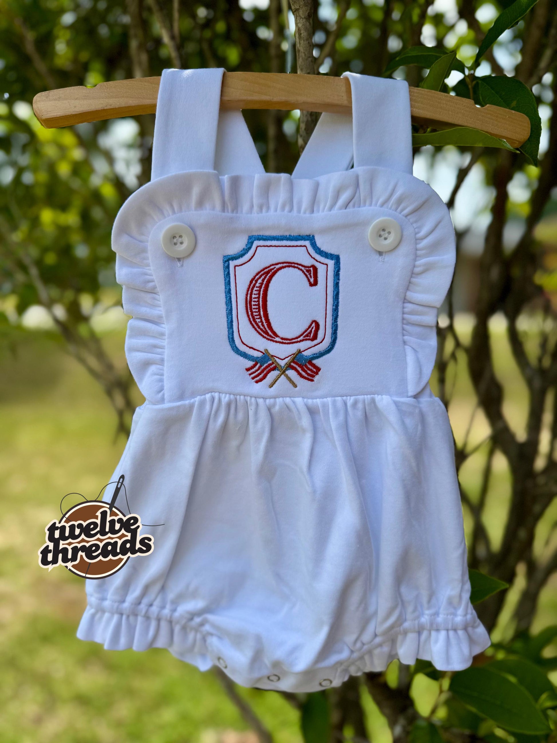 Embroidered crest American flag Fourth of July romper outfit, holiday kids outfit embroidery, custom personalized bubble romper, baby outfit
