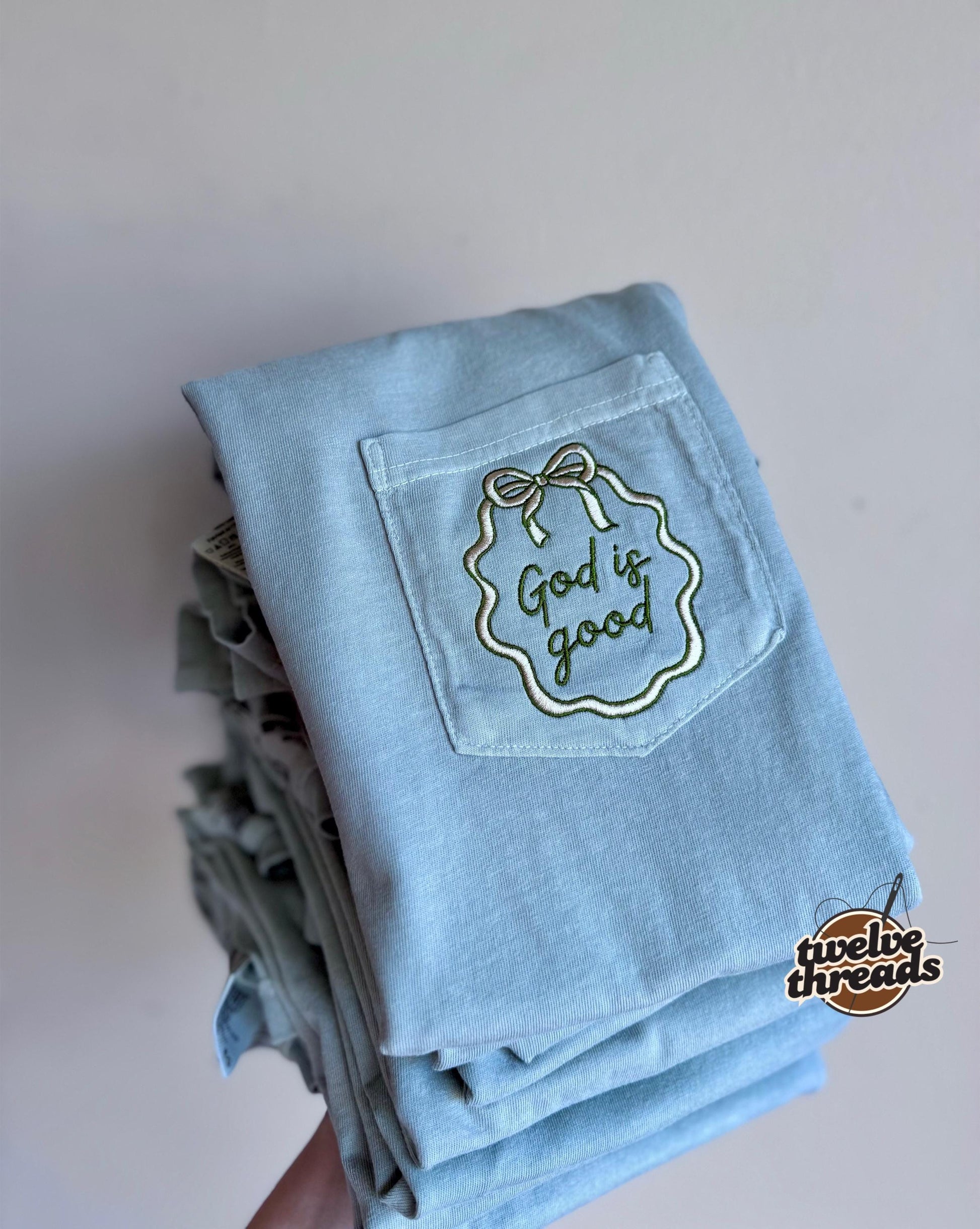 God is good pocket comfort colors t shirt, embroidered pocket tee, GOD IS GOOD, coquette bow, custom thread colors, border frame design