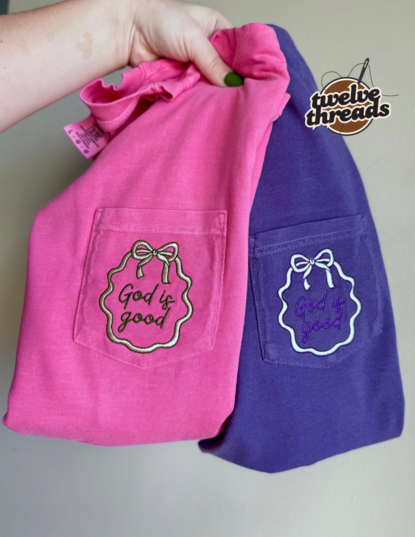 God is good pocket comfort colors t shirt, embroidered pocket tee, GOD IS GOOD, coquette bow, custom thread colors, border frame design