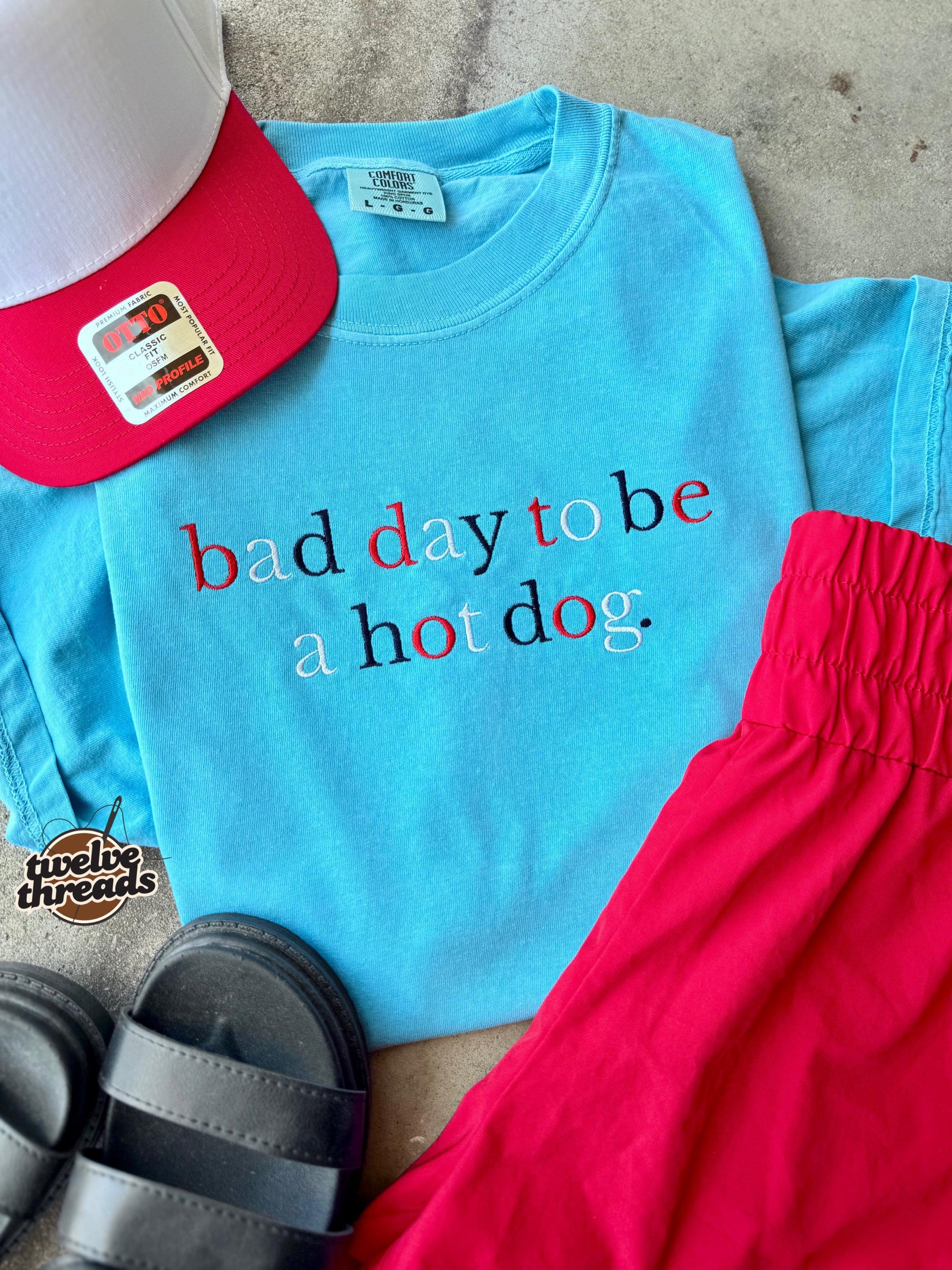 Bad day to be a hot dog, embroidered Memorial Day tank, 4th of July t shirt, comfort colors, USA, red white and blue thread, funny patriotic