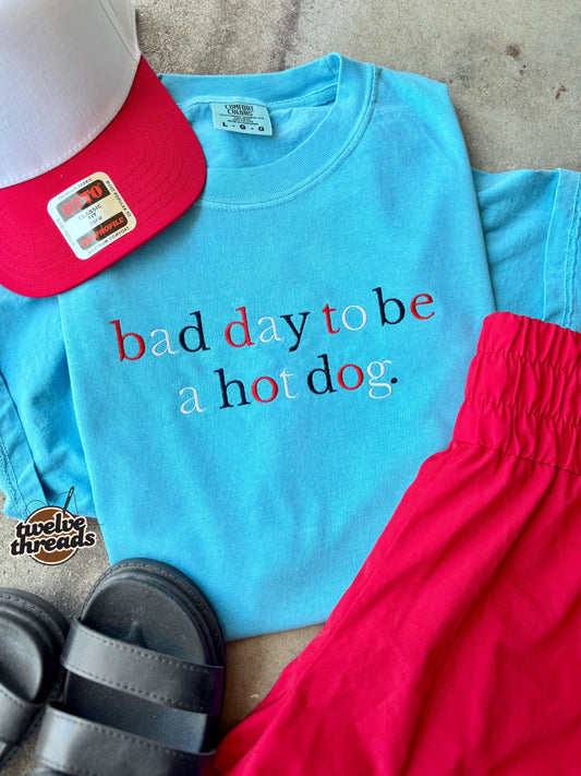 Bad day to be a hot dog, embroidered Memorial Day tank, 4th of July t shirt, comfort colors, USA, red white and blue thread, funny patriotic