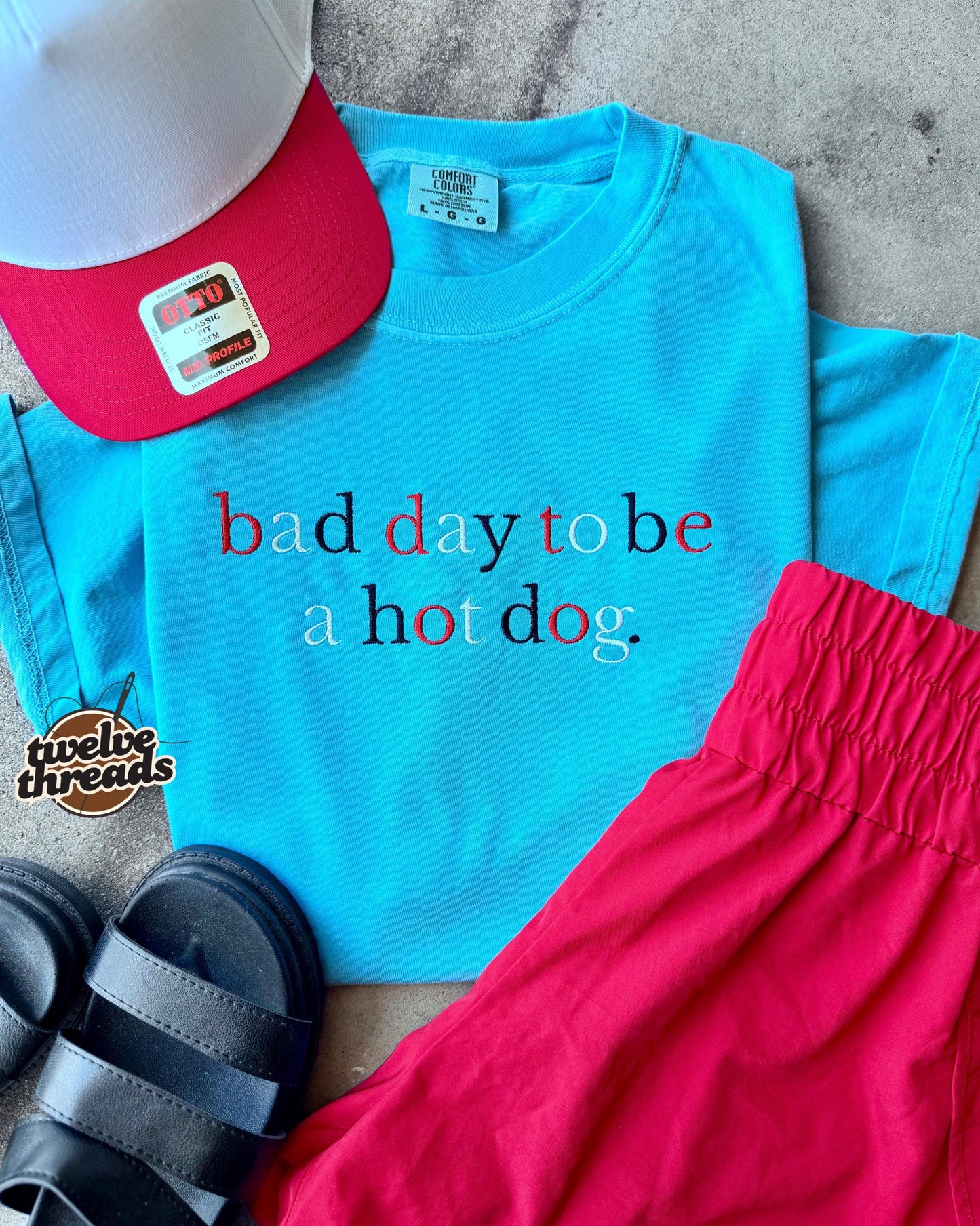 Bad day to be a hot dog, embroidered Memorial Day tank, 4th of July t shirt, comfort colors, USA, red white and blue thread, funny patriotic
