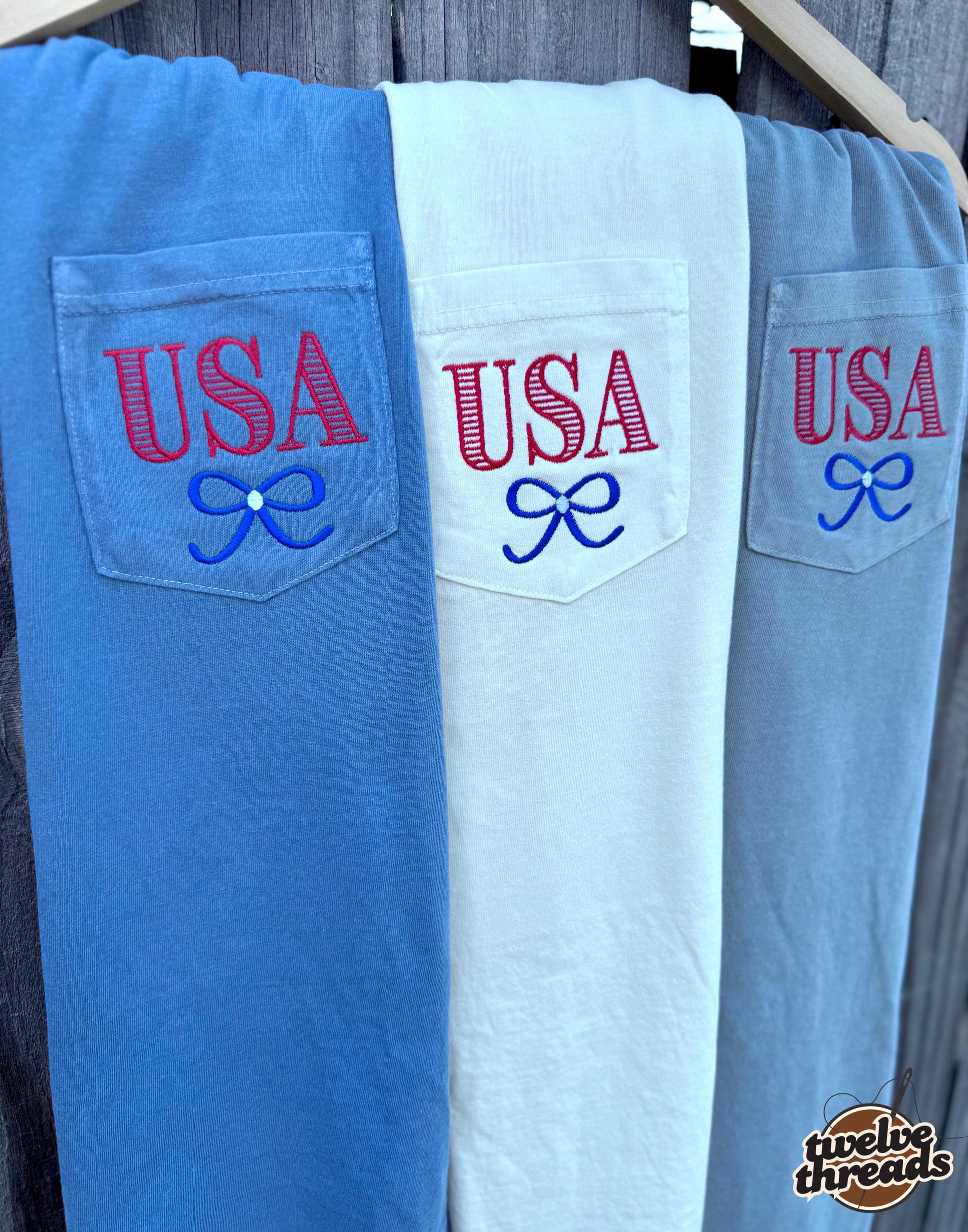 USA embroidered pocket comfort colors t shirt, embroidered tank top, patriotic, coquette bow, red white and blue, American flag, memorial