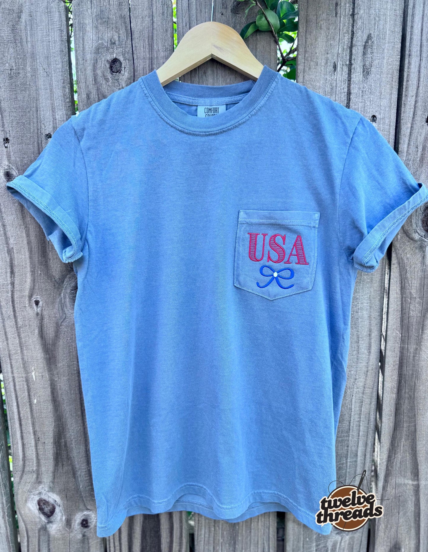 USA embroidered pocket comfort colors t shirt, embroidered tank top, patriotic, coquette bow, red white and blue, American flag, memorial