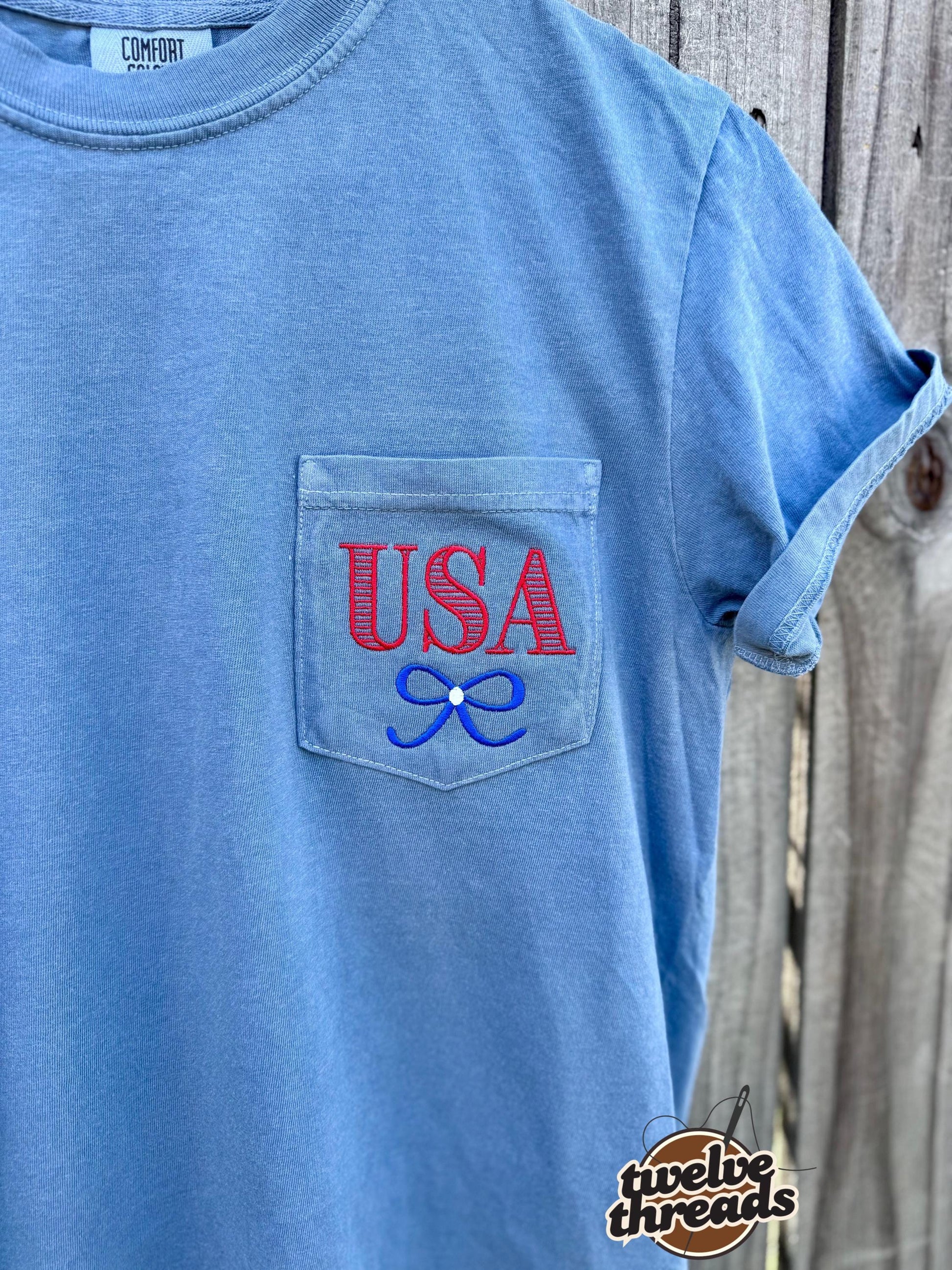 USA embroidered pocket comfort colors t shirt, embroidered tank top, patriotic, coquette bow, red white and blue, American flag, memorial