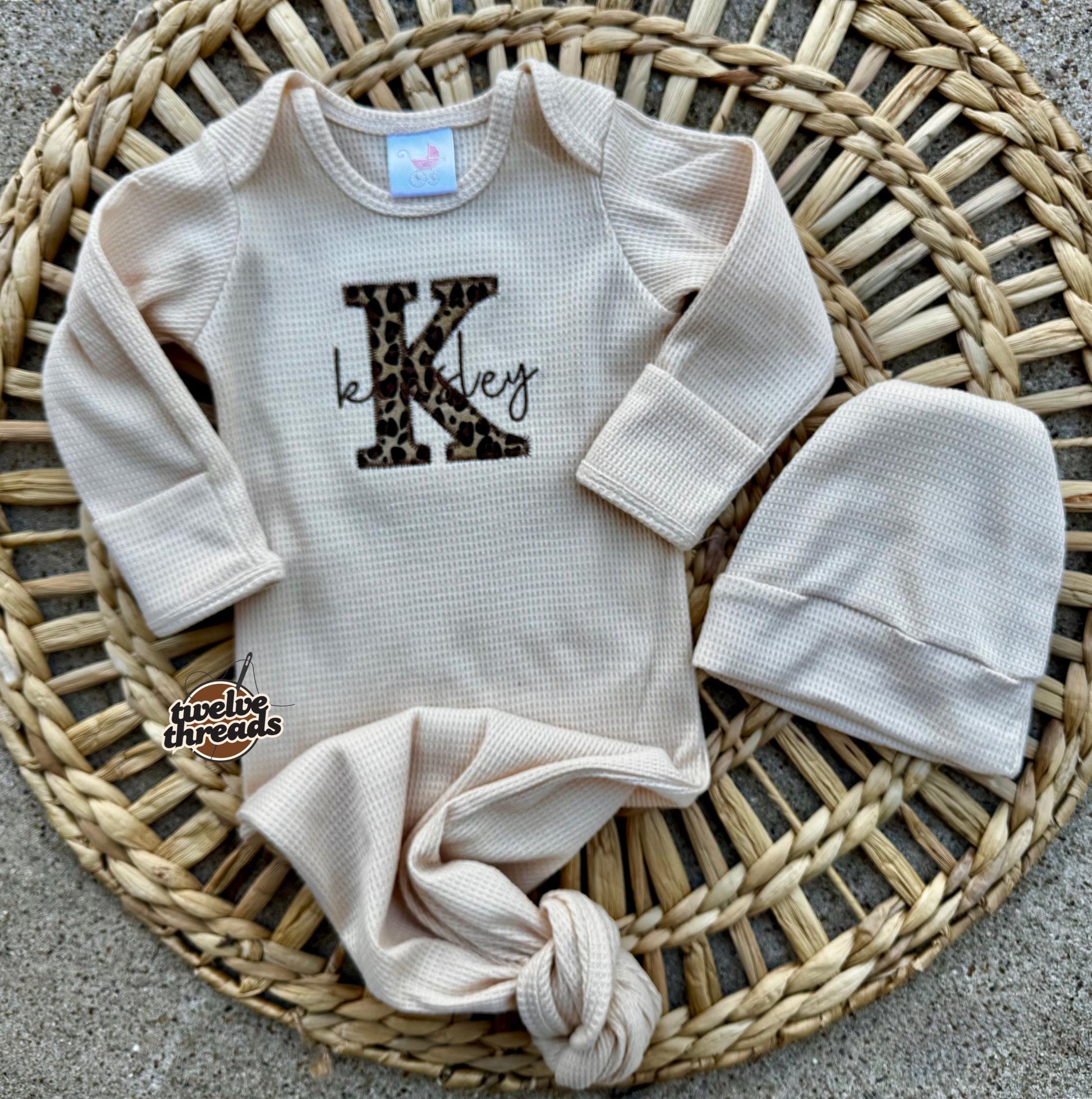 Embroidered applique infant newborn gown, leopard cheetah applique with cursive name, personalized custom infant baby gown, baby gift, baby