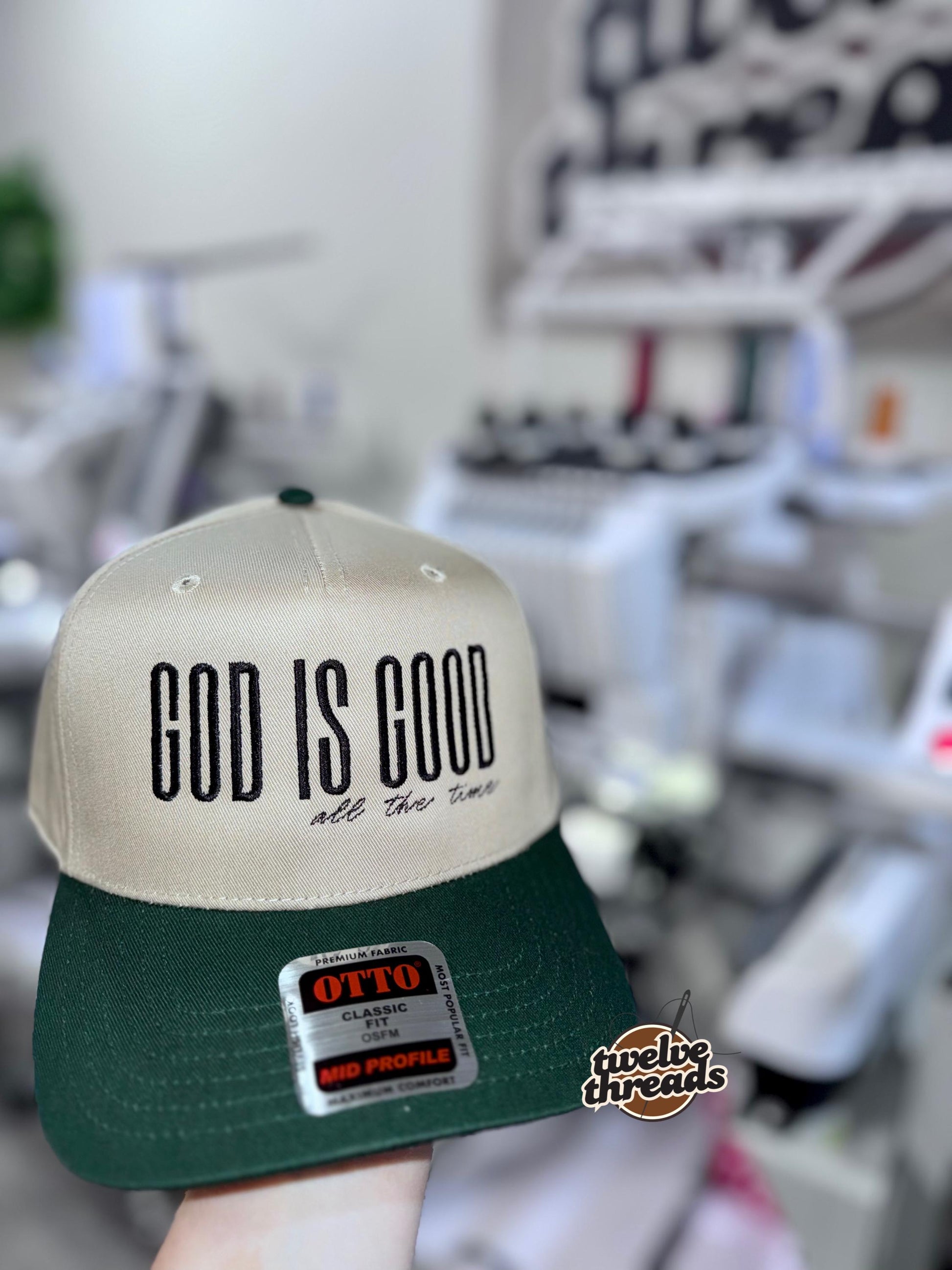 Embroidered GOD is good all the time Otto cap, 5 panel Otto cap, trucker hat, custom embroidery, embroidery trucker hat, monochrome look