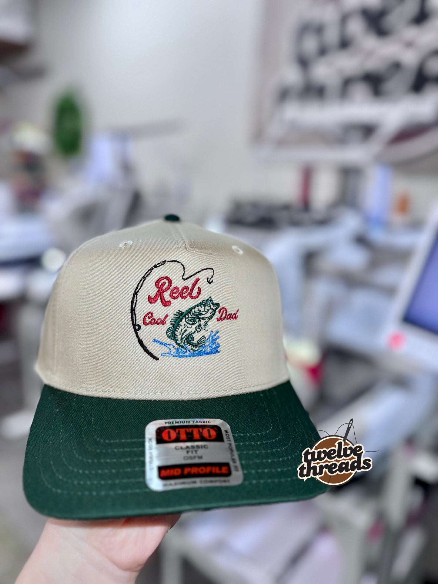 Embroidered reel cool dad, dad hat, dad Otto cap, 5 panel Otto cap, trucker hat, custom embroidery, embroidery trucker hat, monochrome look