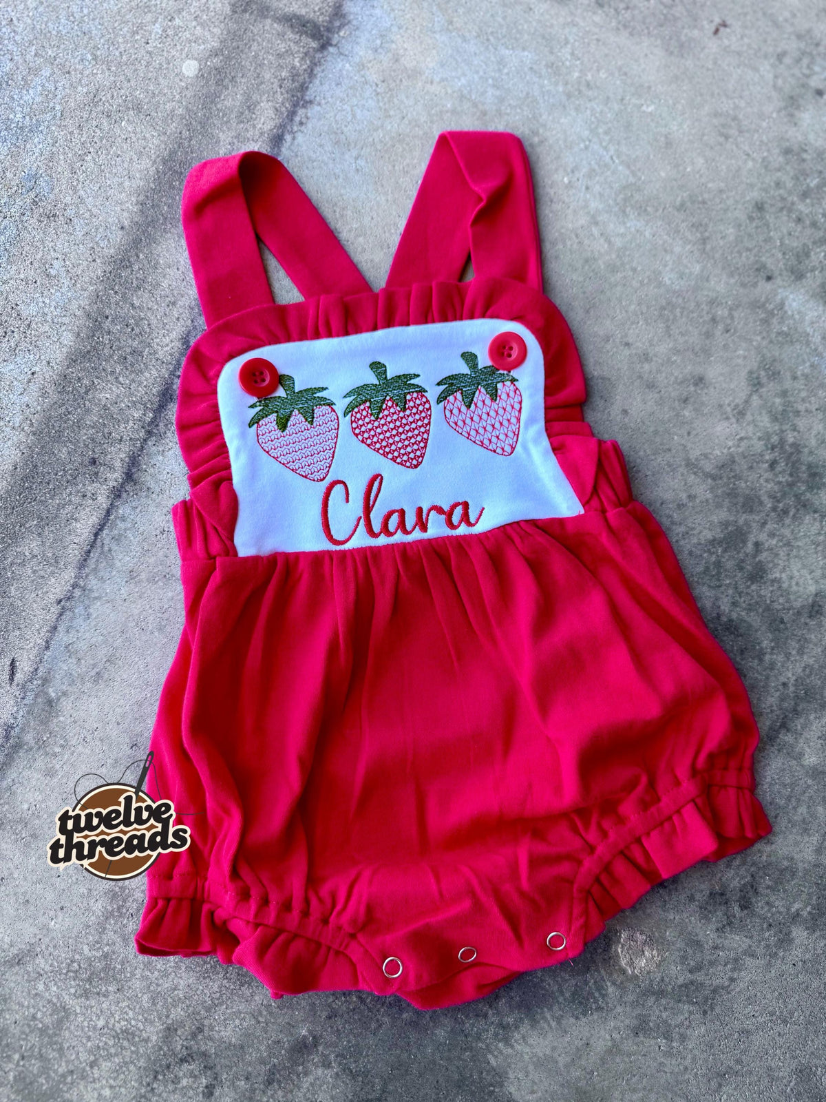 Personalized triple strawberry embroidered sunsuit bubble romper, embroidered strawberry design, custom name sunsuit, criss cross back