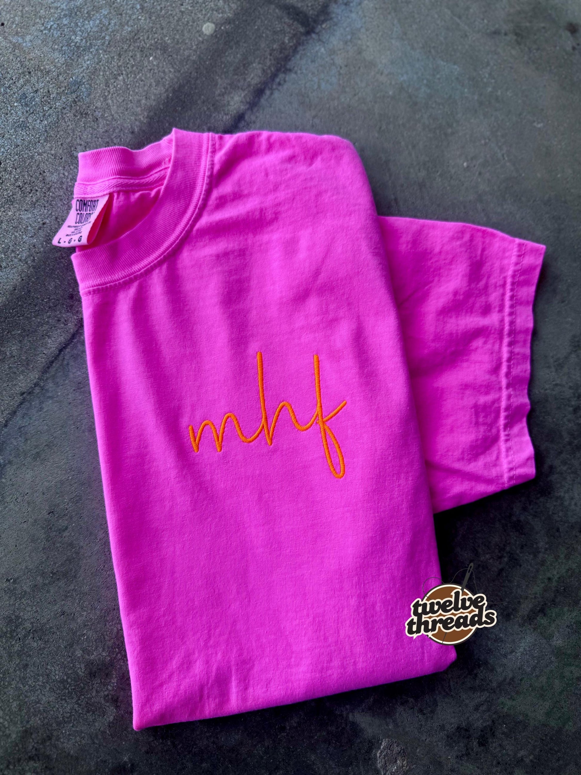 Monogram Comfort Color neon t shirt, unisex fit t shirt-monogram-neon thread - neon embroidery - monogram embroidery - custom-personalized