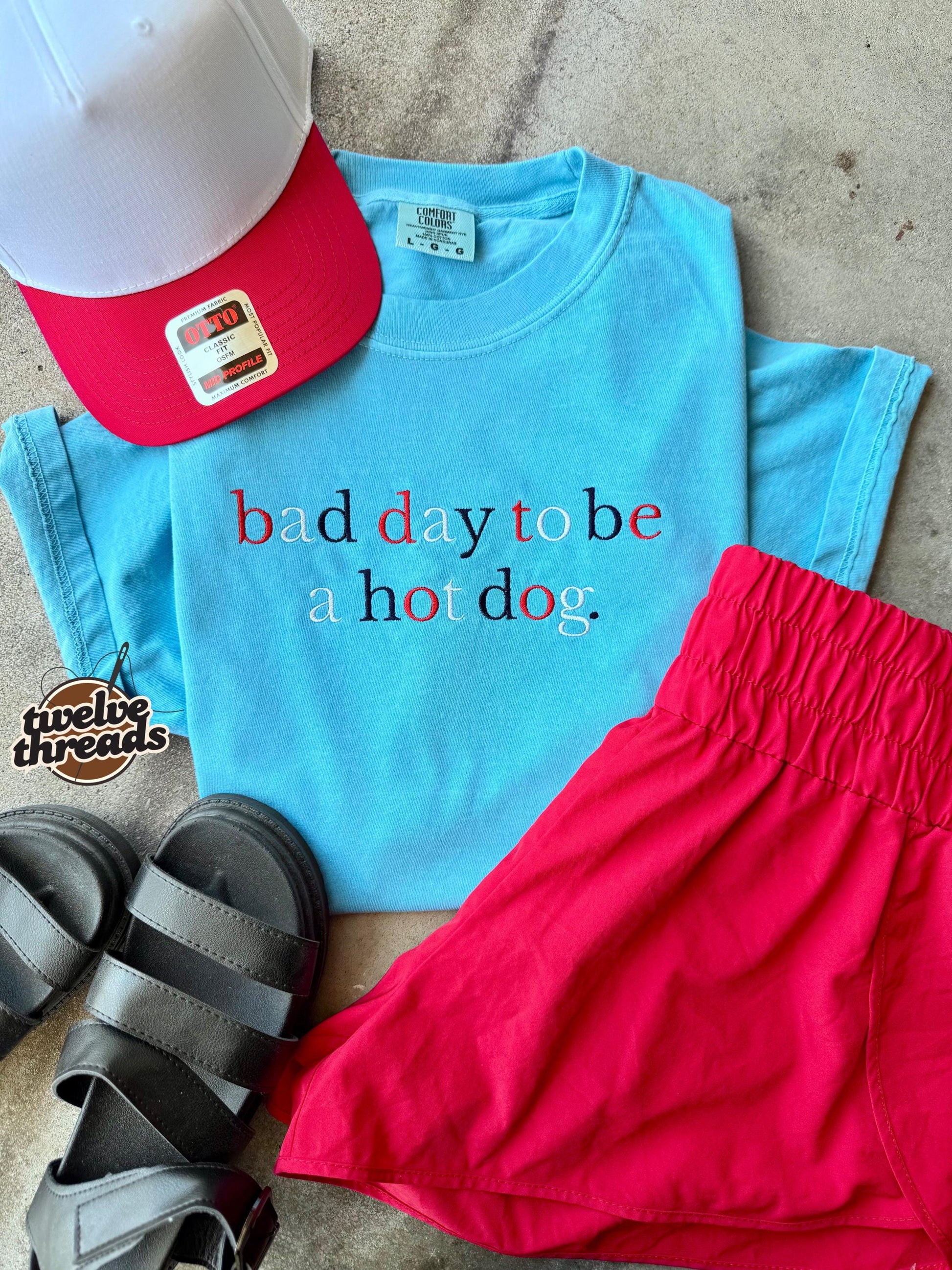 Bad day to be a hot dog, embroidered Memorial Day tank, 4th of July t shirt, comfort colors, USA, red white and blue thread, funny patriotic