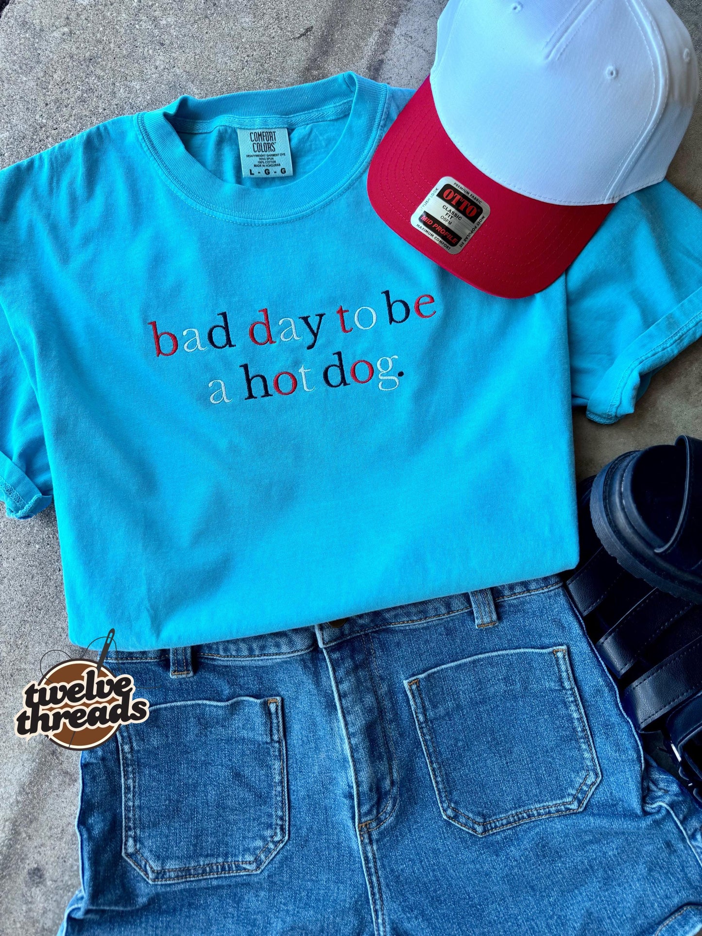 Bad day to be a hot dog, embroidered Memorial Day tank, 4th of July t shirt, comfort colors, USA, red white and blue thread, funny patriotic