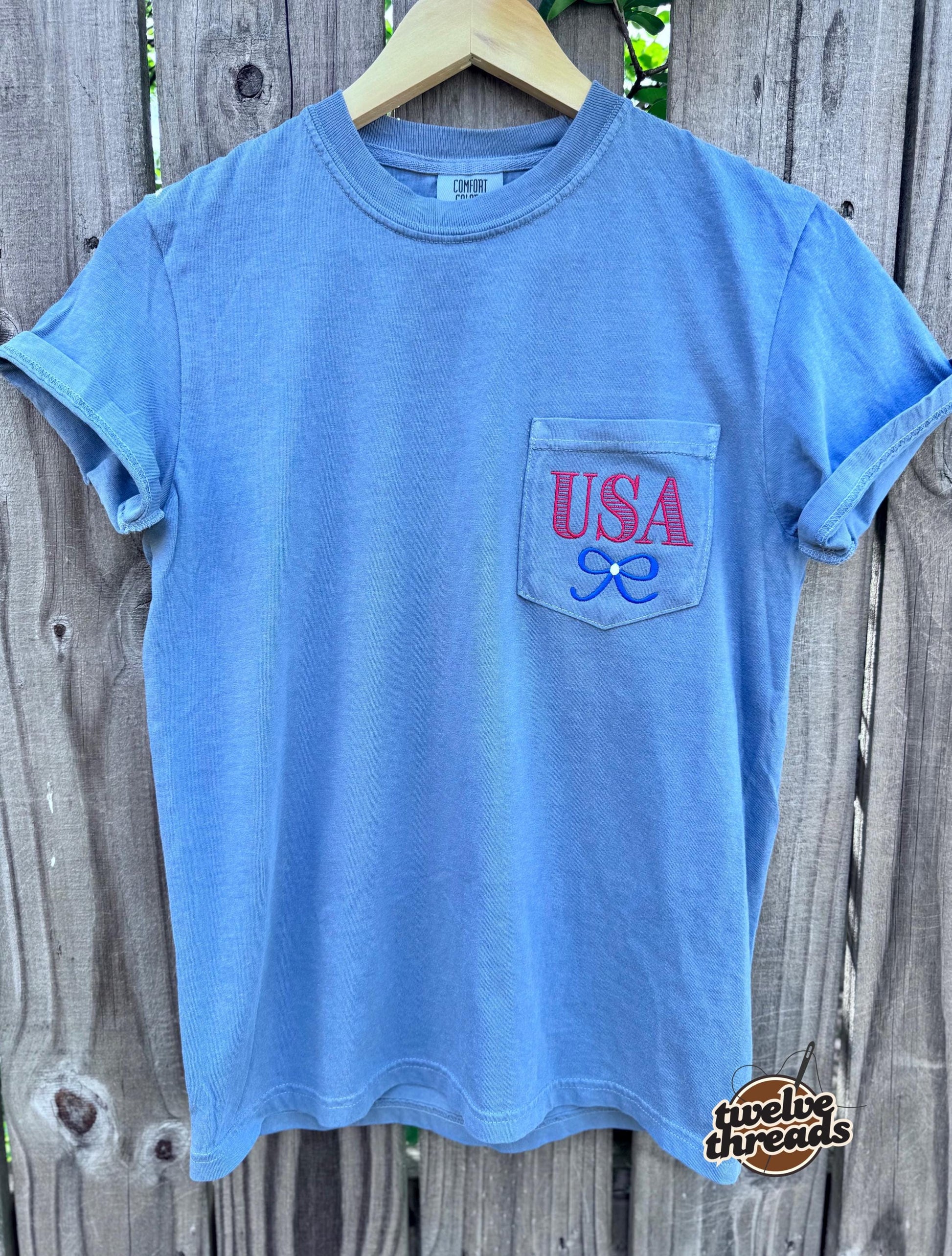 USA embroidered pocket comfort colors t shirt, embroidered tank top, patriotic, coquette bow, red white and blue, American flag, memorial