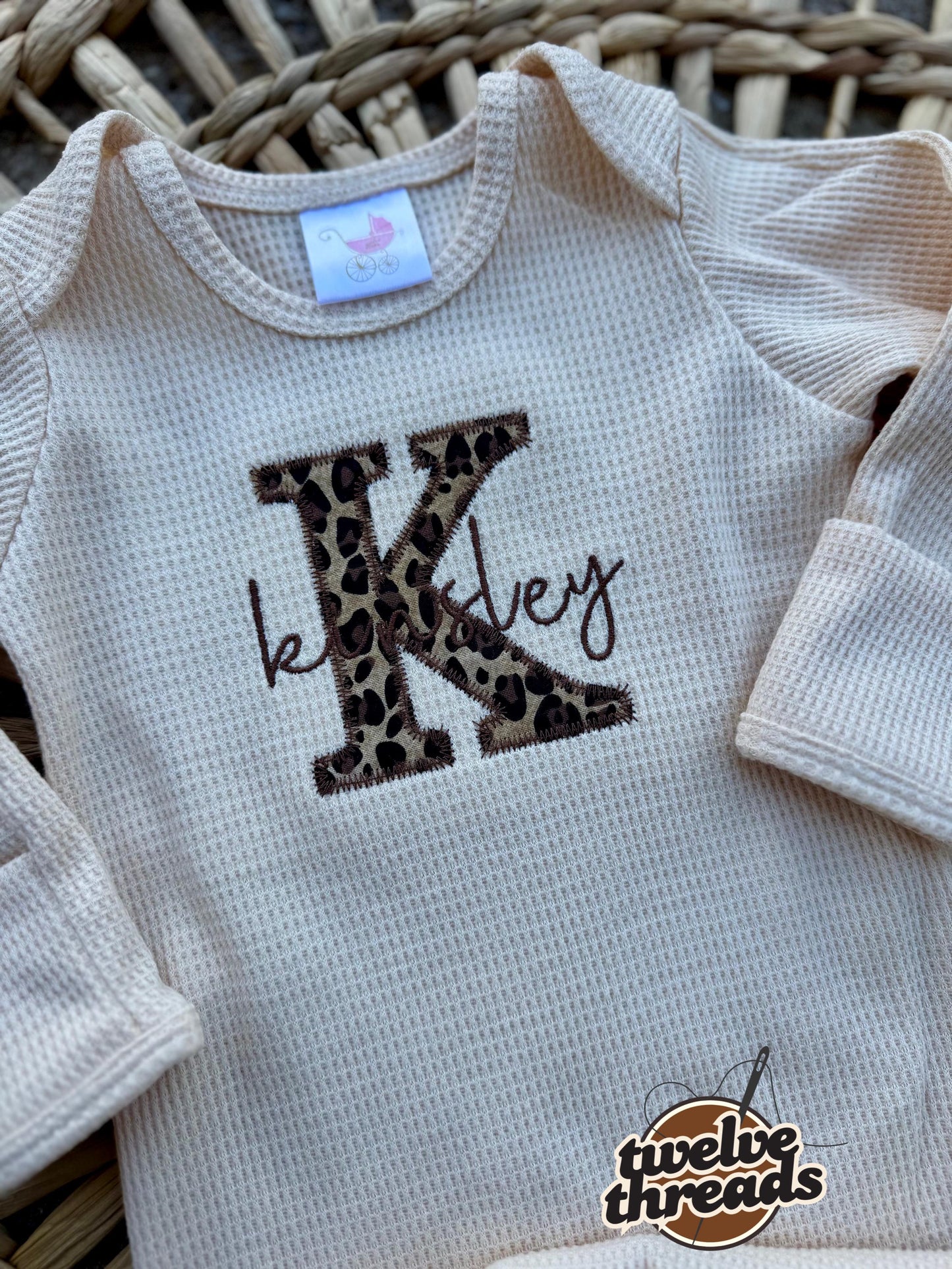 Embroidered applique infant newborn gown, leopard cheetah applique with cursive name, personalized custom infant baby gown, baby gift, baby