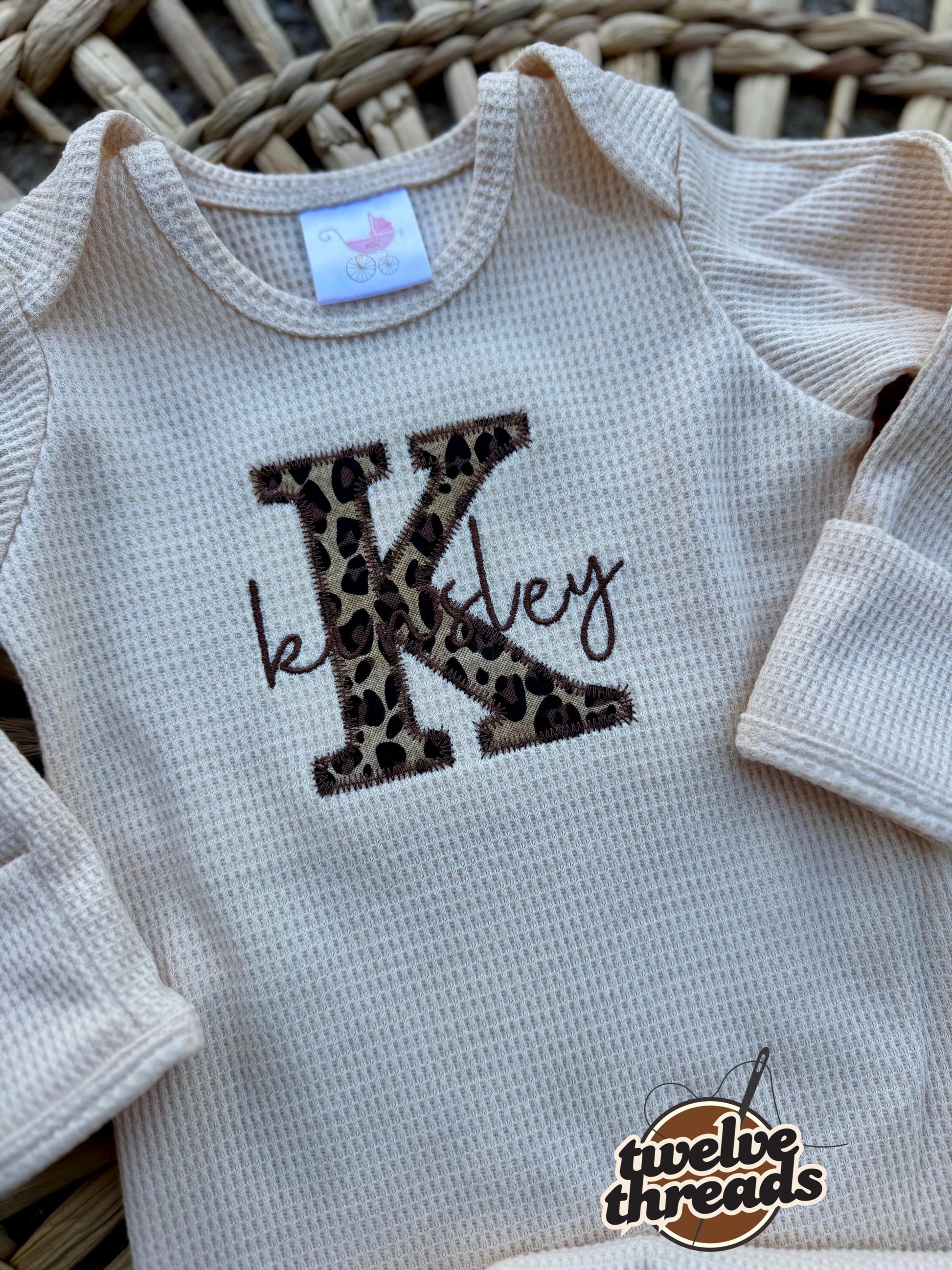 Embroidered applique infant newborn gown, leopard cheetah applique with cursive name, personalized custom infant baby gown, baby gift, baby