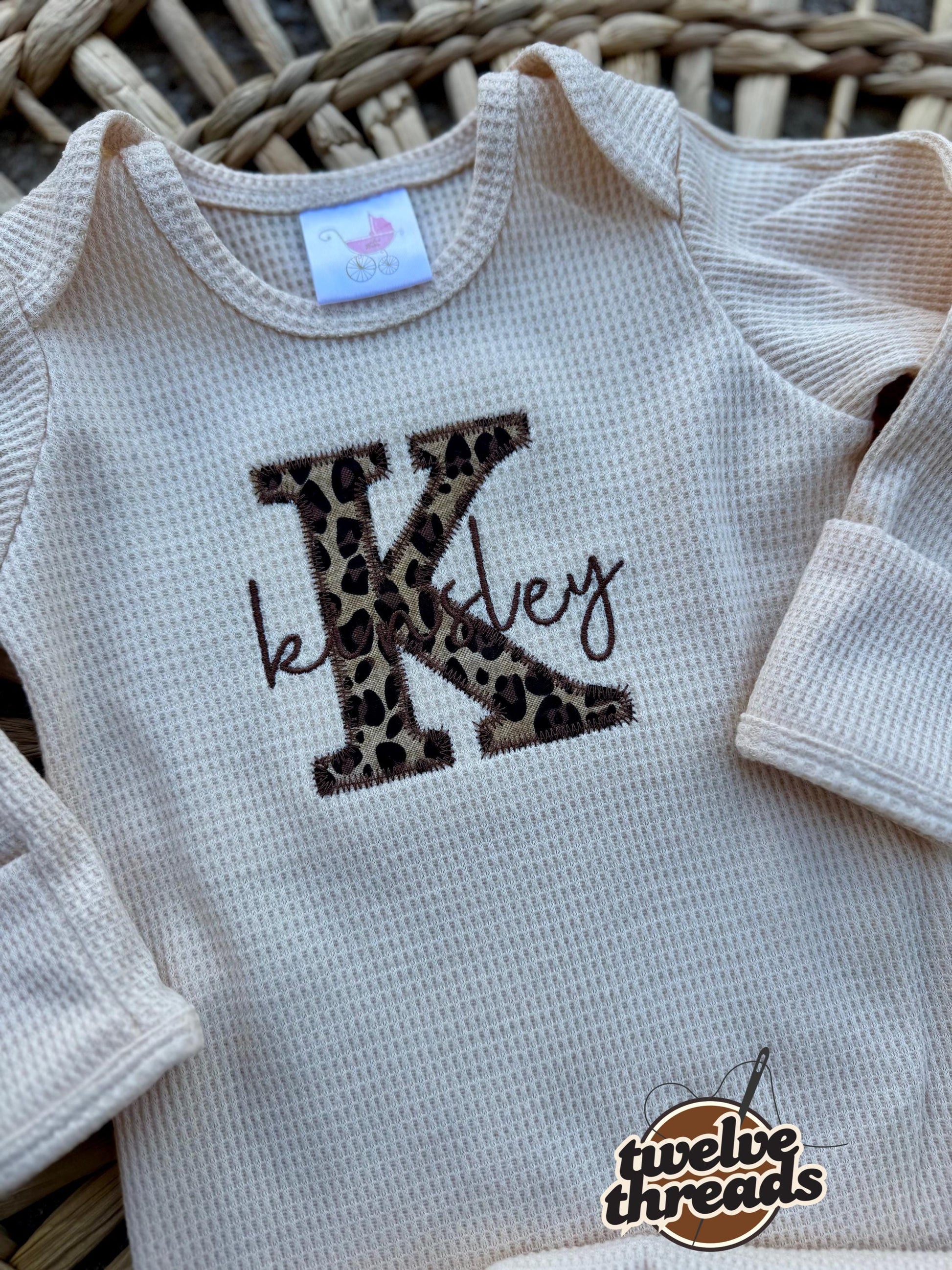 Embroidered applique infant newborn gown, leopard cheetah applique with cursive name, personalized custom infant baby gown, baby gift, baby