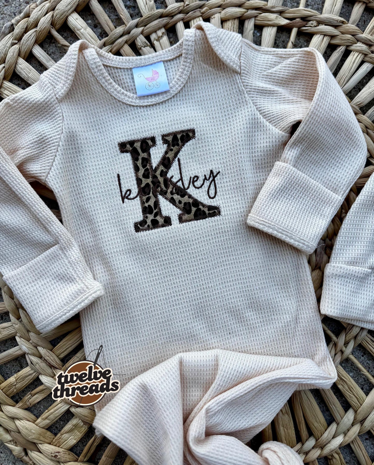 Embroidered applique infant newborn gown, leopard cheetah applique with cursive name, personalized custom infant baby gown, baby gift, baby