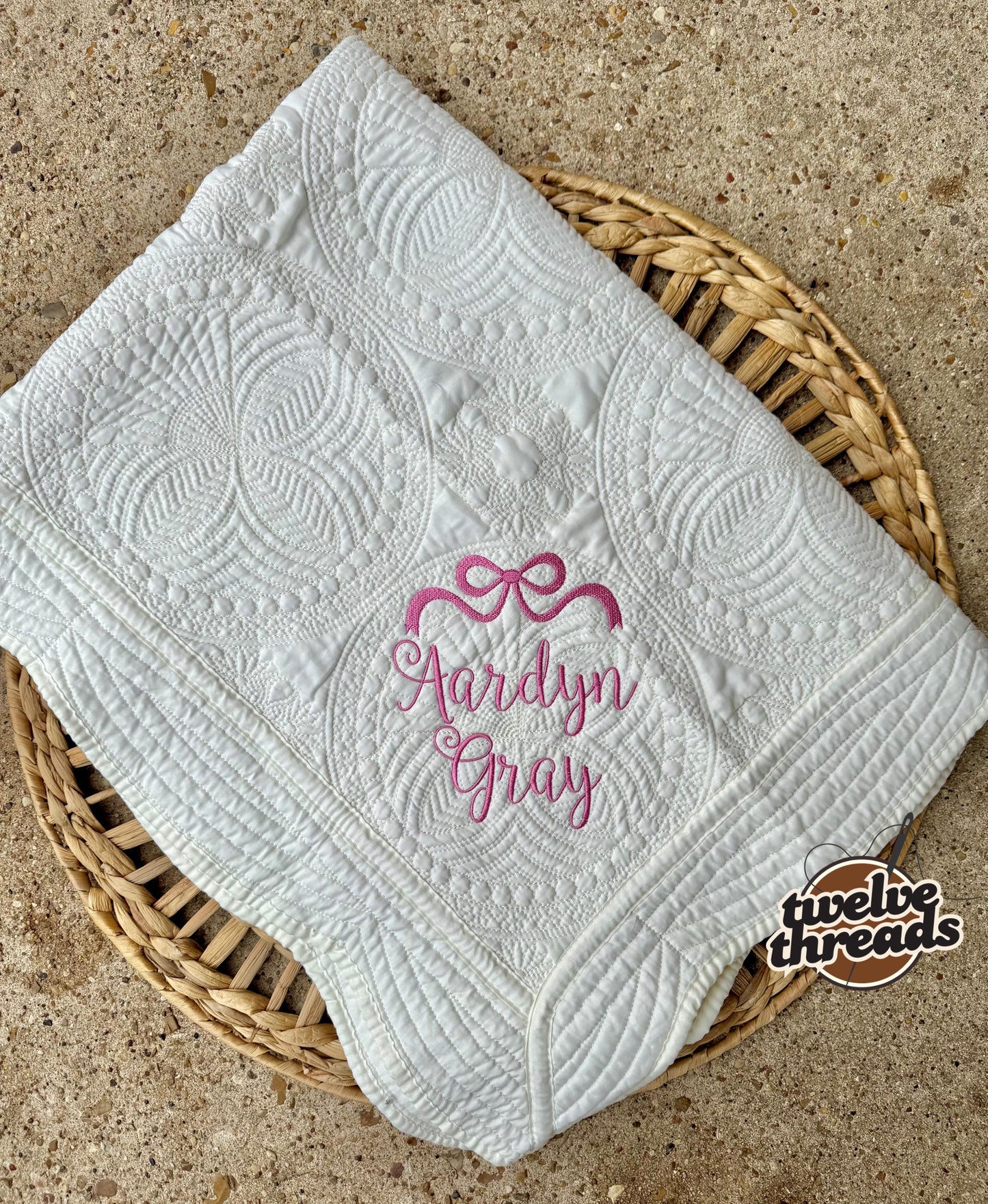 Embroidered coquette bow heirloom quilt with custom monogram, personalized baby blanket, baby gir quilt, embroidered custom heirloom blanket