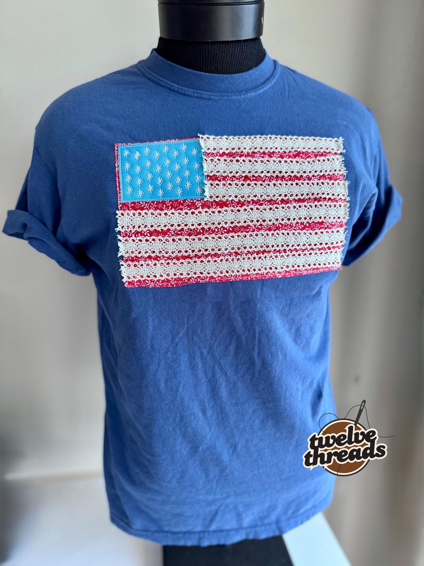 Lace trim flag, patriotic t shirt, applique quilts design t shirt, American flag, USA, 4th of July, Memorial Day, American tee, comfort