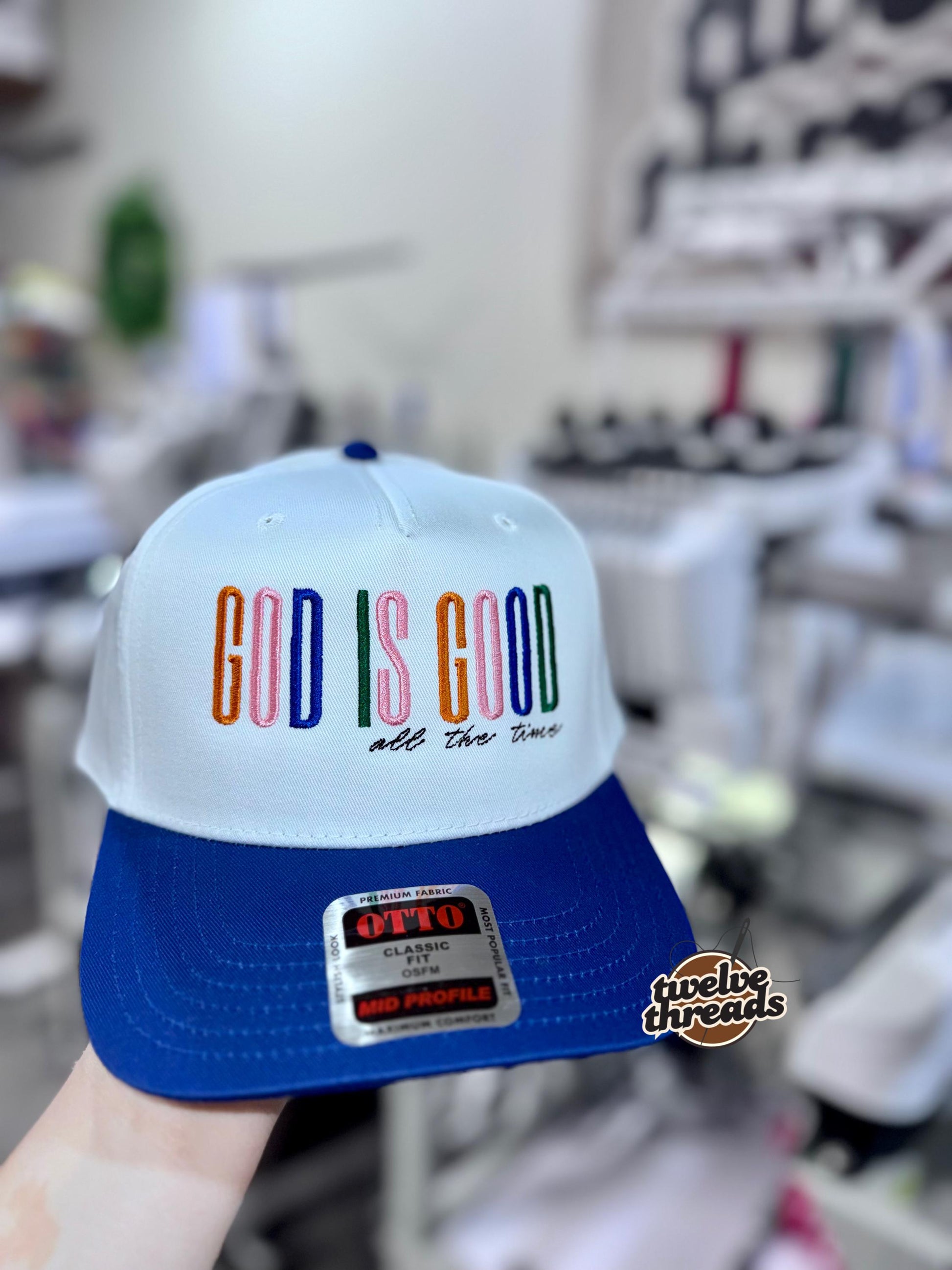 Embroidered GOD is good all the time Otto cap, 5 panel Otto cap, trucker hat, custom embroidery, embroidery trucker hat, monochrome look