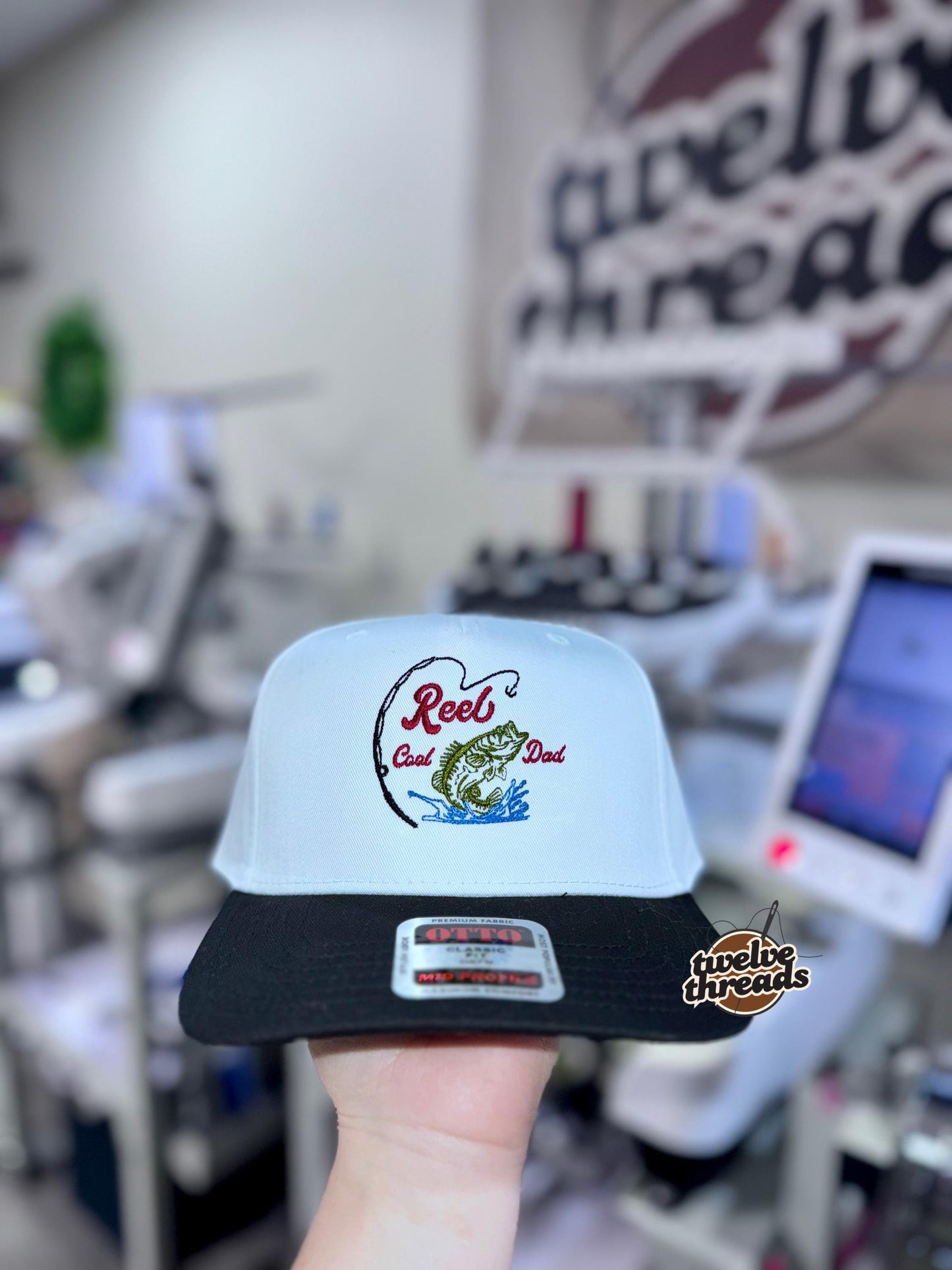 Embroidered reel cool dad, dad hat, dad Otto cap, 5 panel Otto cap, trucker hat, custom embroidery, embroidery trucker hat, monochrome look