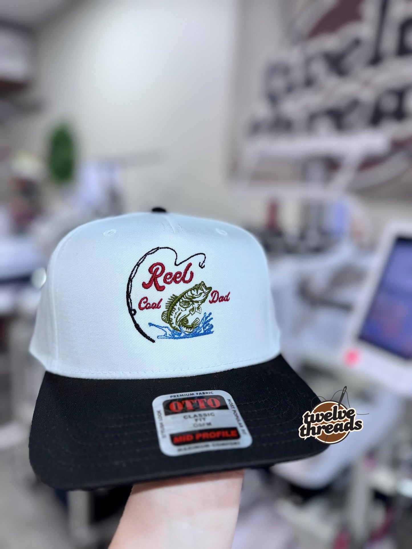 Embroidered reel cool dad, dad hat, dad Otto cap, 5 panel Otto cap, trucker hat, custom embroidery, embroidery trucker hat, monochrome look