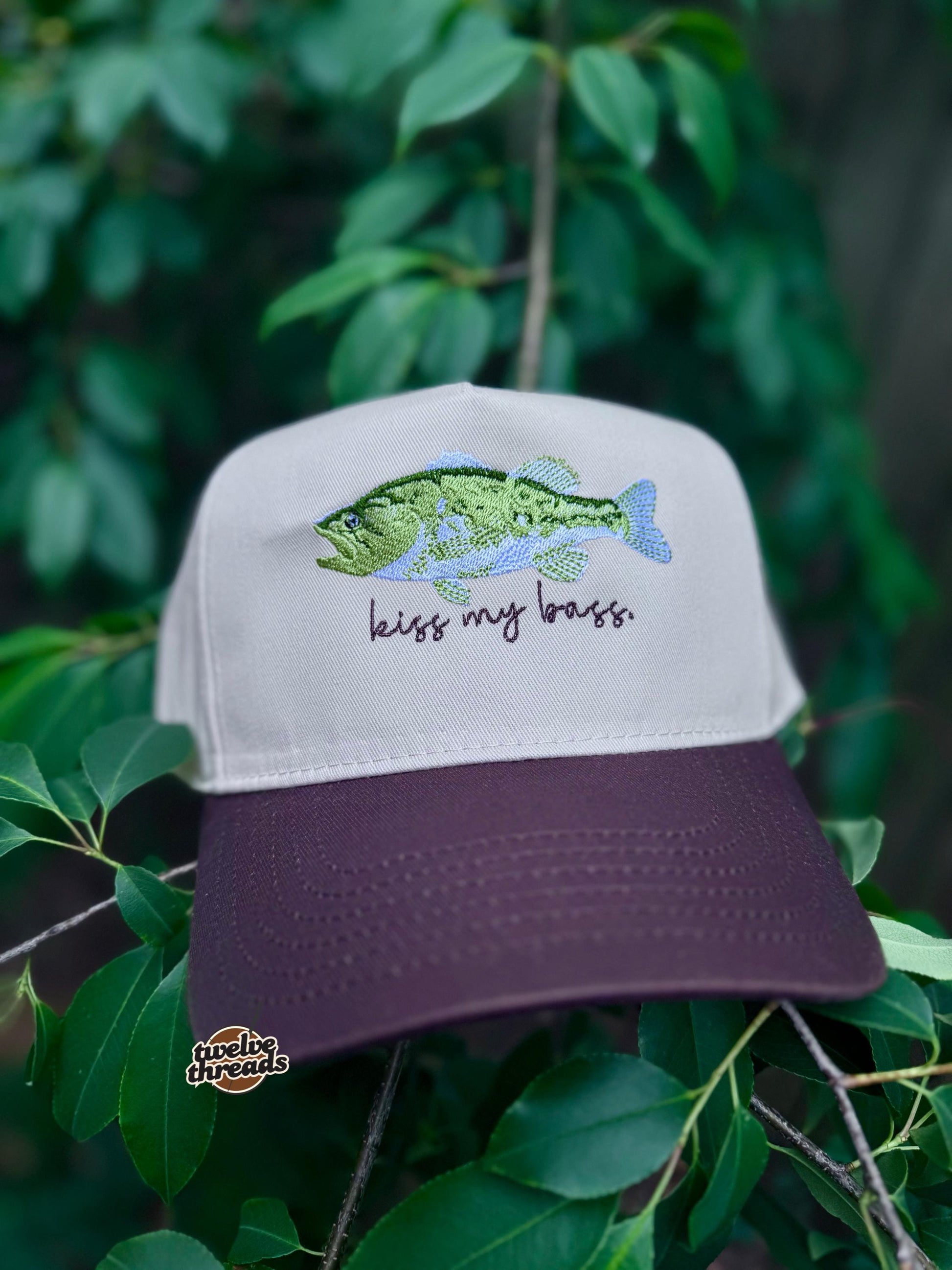 Embroidered kiss my bass, bass fish, Otto cap, 5 panel Otto cap, trucker hat, custom embroidery,embroidery trucker hat, funny saying, jokes,