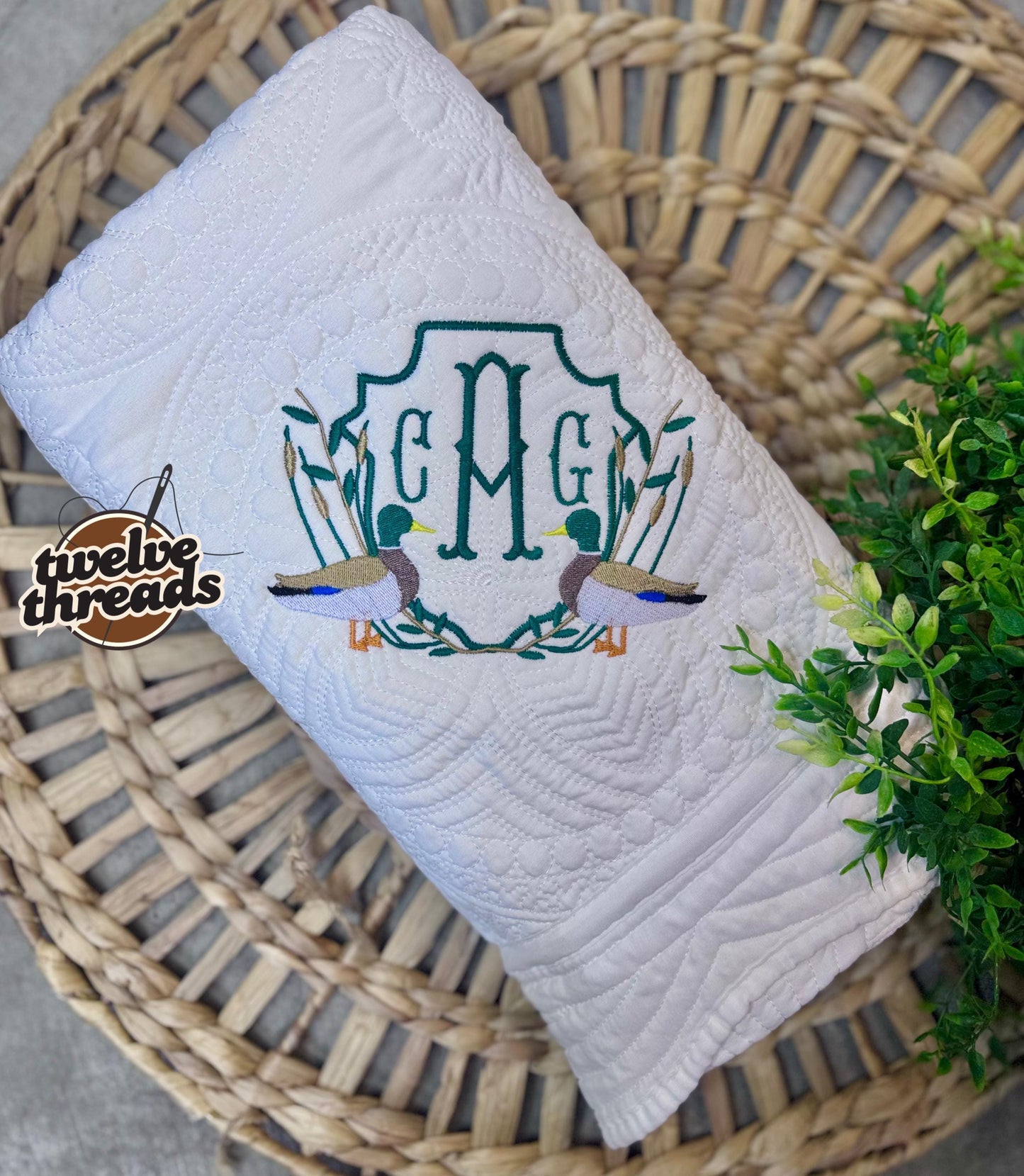 Embroidered mallard duck heirloom quilt with custom monogram, personalized baby blanket, baby boy quilt, embroidered custom heirloom blanket