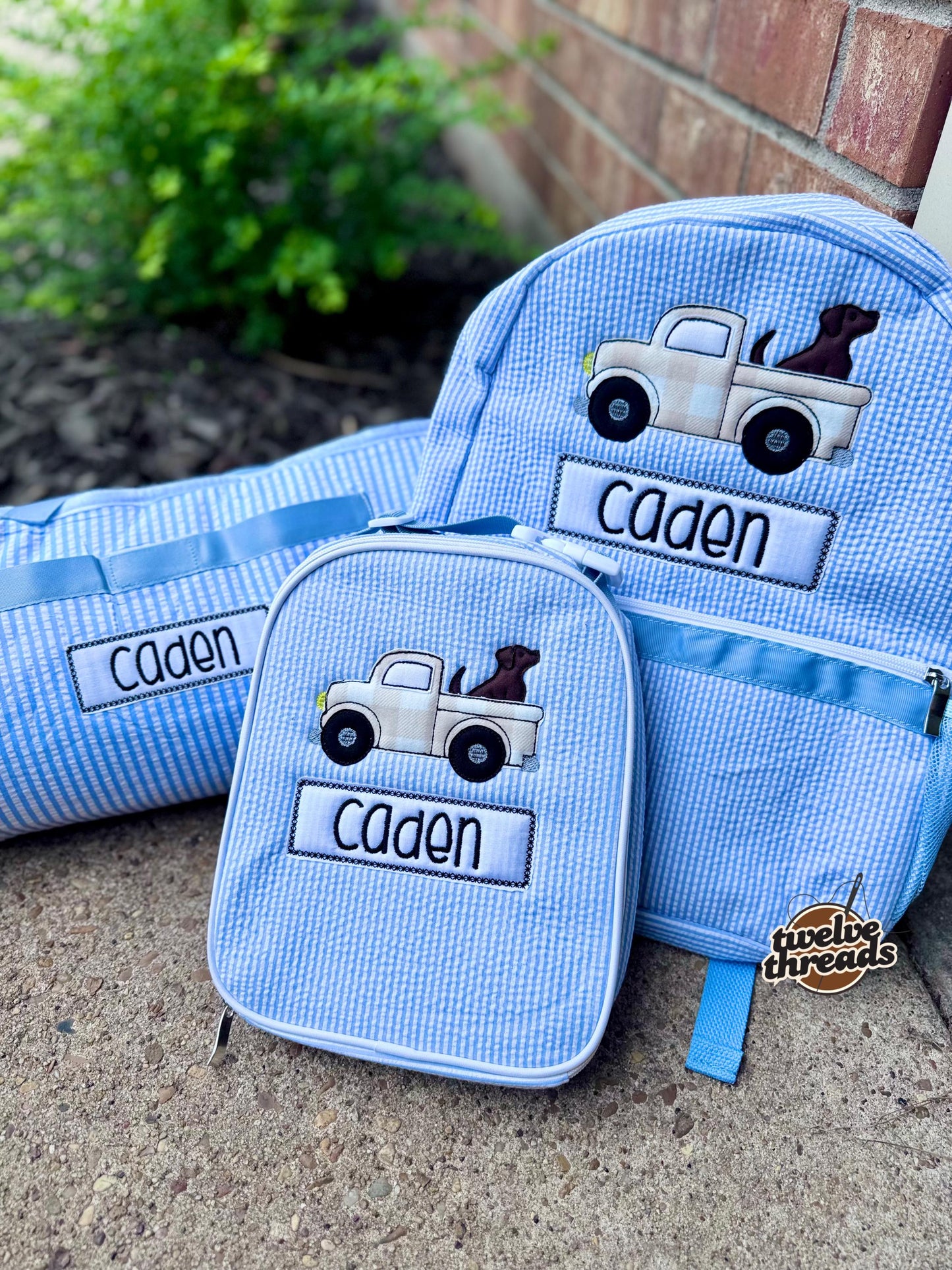 Embroidered Seersucker backpack - applique truck gingham - kids backpack - diaper bag - adult backpack - embroidered backpack - embroidery