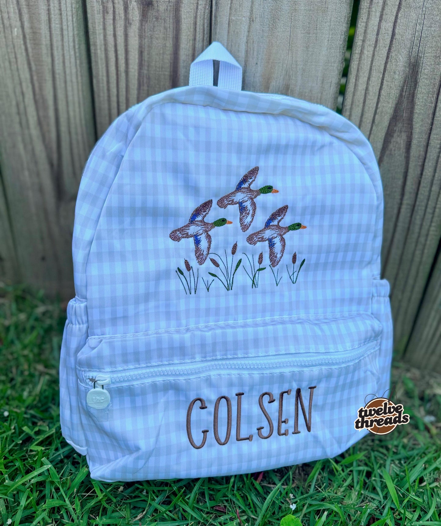 Embroidered Seersucker backpack - mallard ducks gingham - kids backpack - diaper bag - adult backpack - embroidered backpack - embroidery