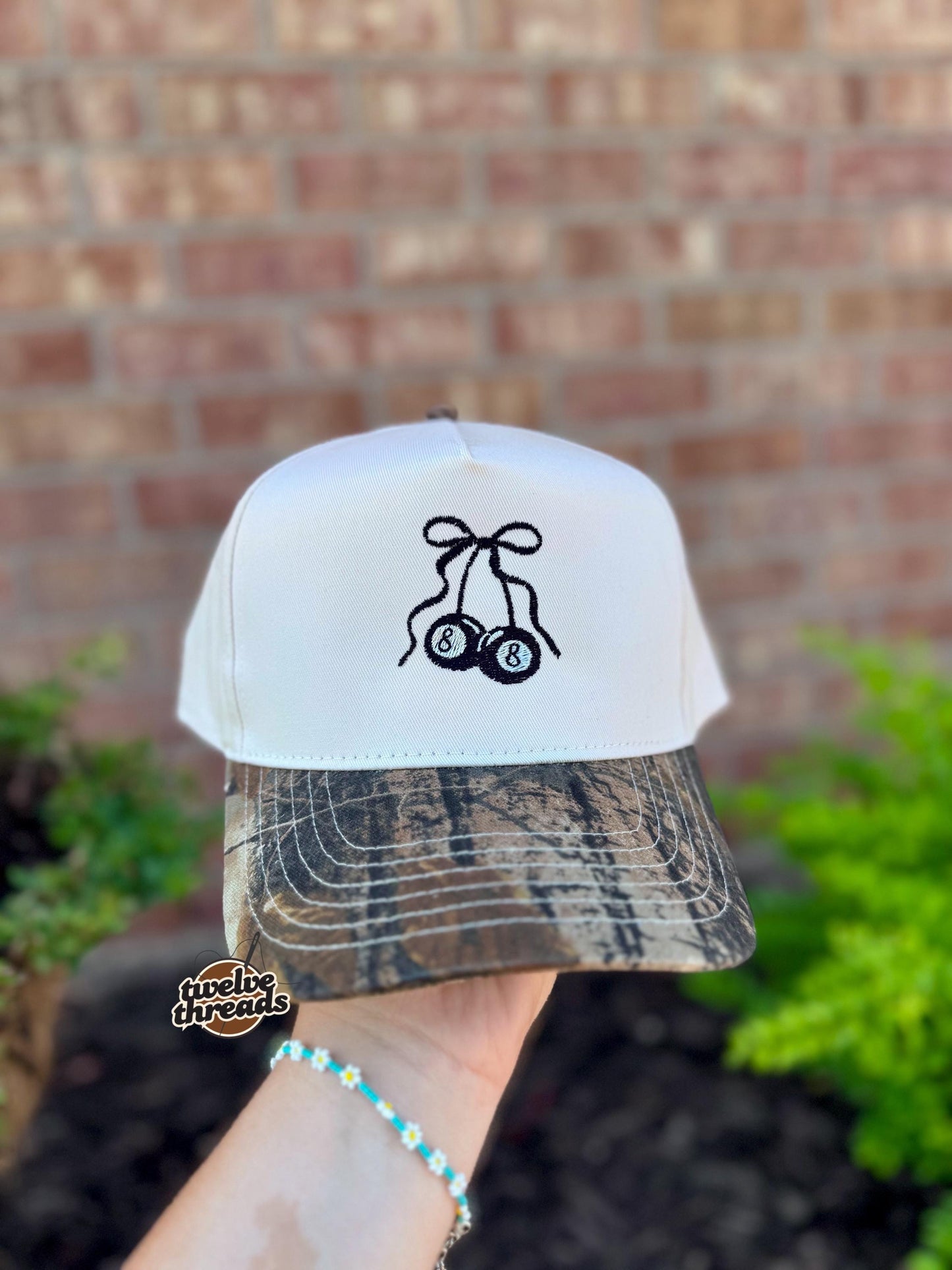 Embroidered 8 ball cherry, cut stitched otto cap, 5 panel Otto cap, trucker hat, custom embroidery, embroidery trucker hat, monochrome look