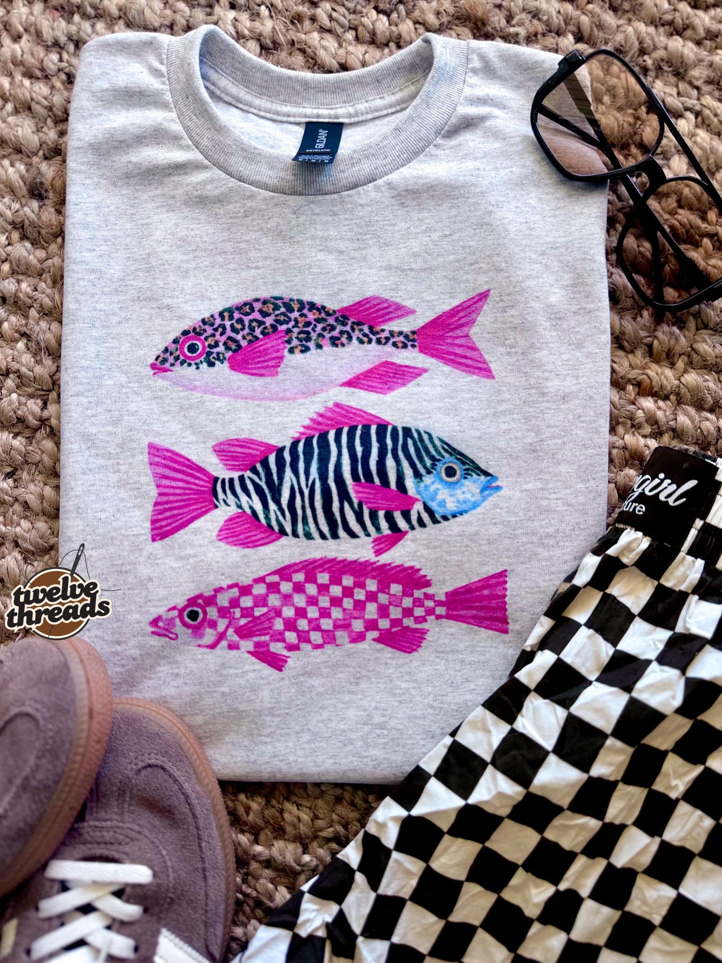 Trendy fish trio, zebra print, leopard, checkered, trending, t shirt, DTF on comfort colors, sublimation on Gilden, fishy fish, fun prints
