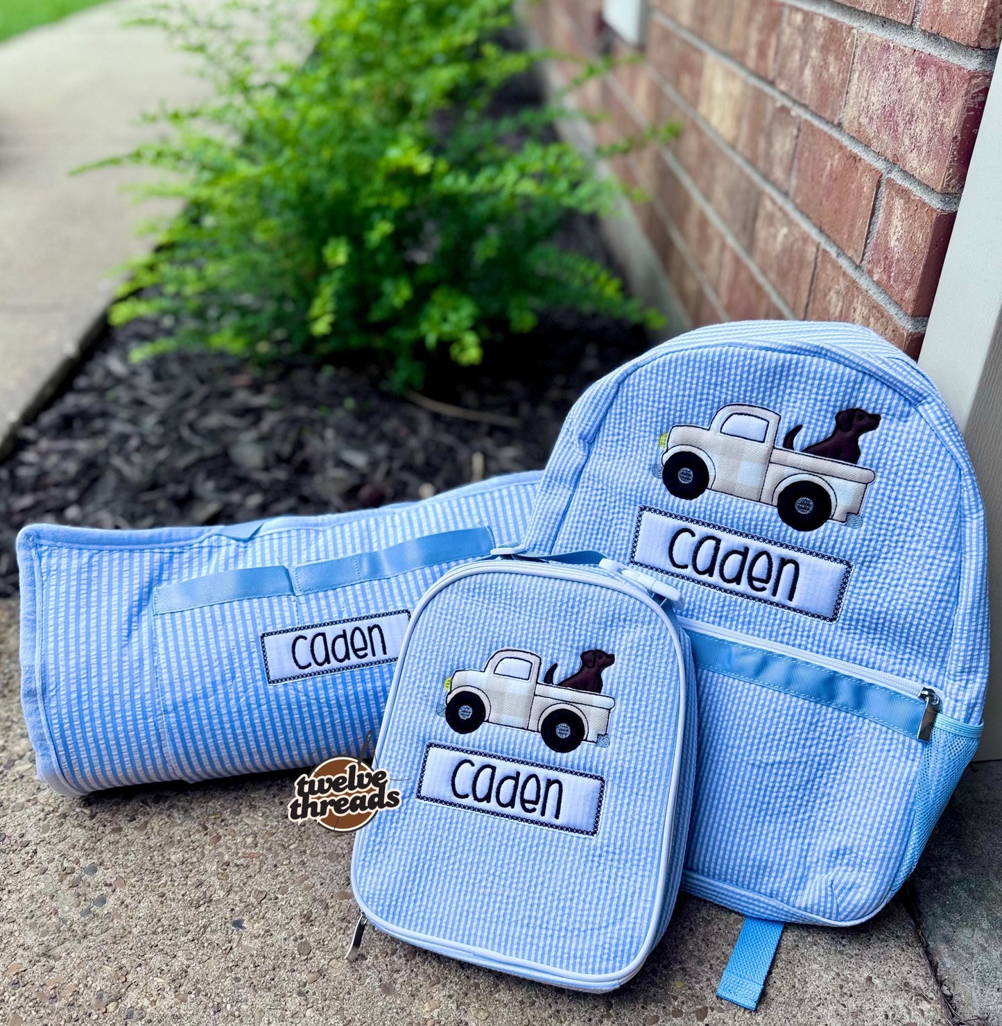 Embroidered Seersucker backpack - applique truck gingham - kids backpack - diaper bag - adult backpack - embroidered backpack - embroidery