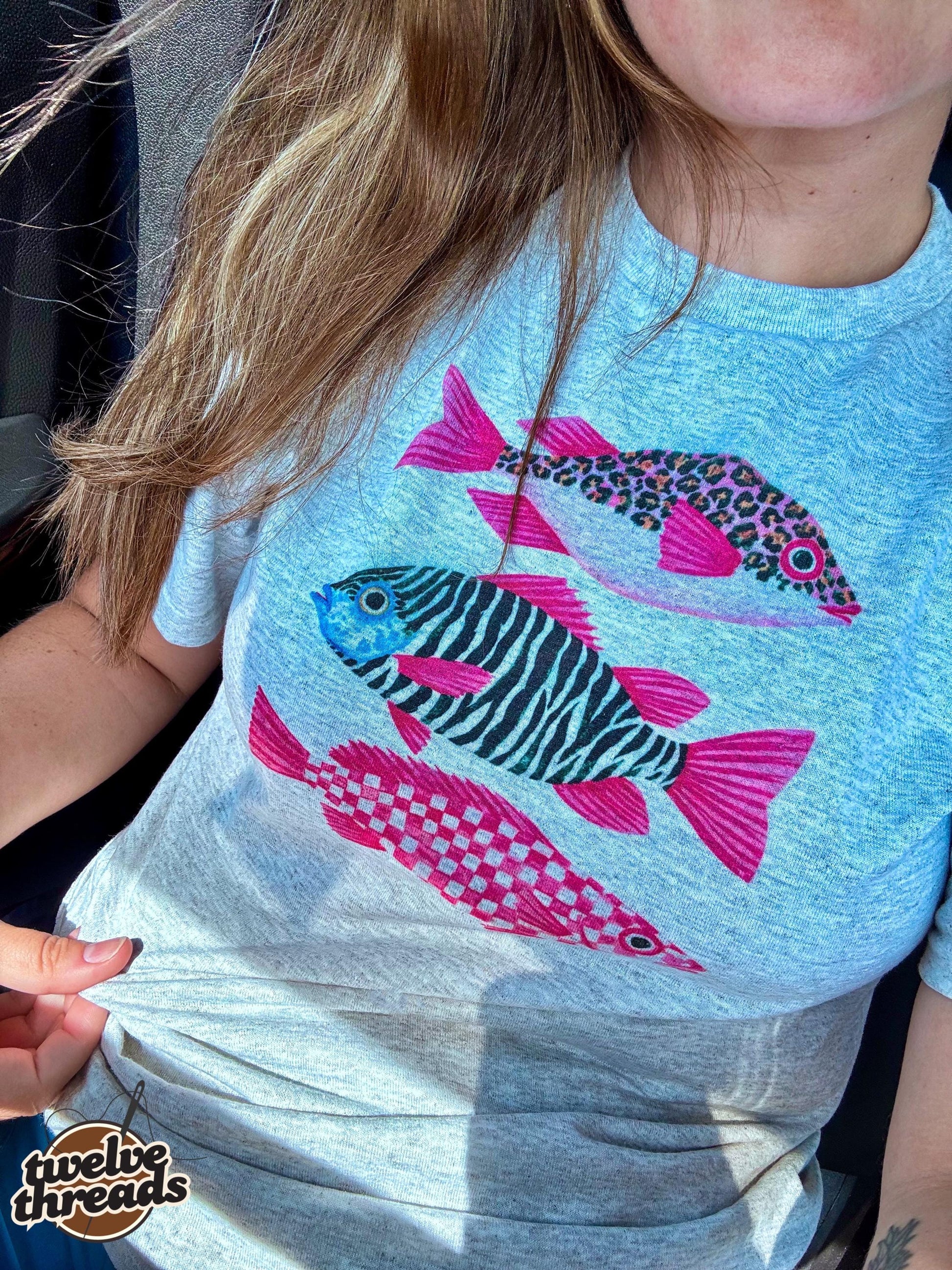 Trendy fish trio, zebra print, leopard, checkered, trending, t shirt, DTF on comfort colors, sublimation on Gilden, fishy fish, fun prints