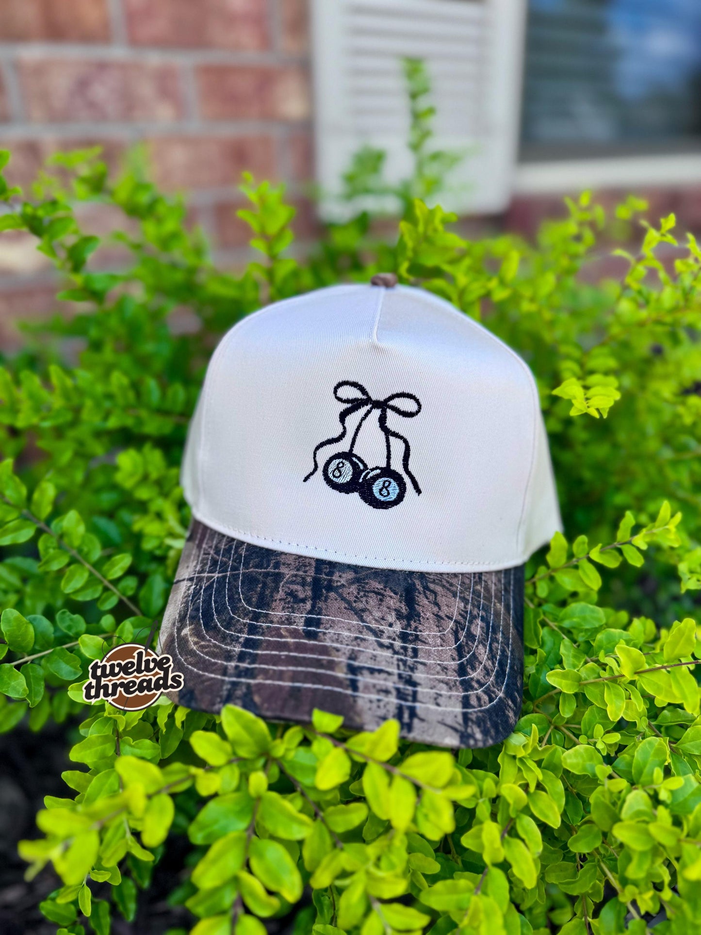 Embroidered 8 ball cherry, cut stitched otto cap, 5 panel Otto cap, trucker hat, custom embroidery, embroidery trucker hat, monochrome look