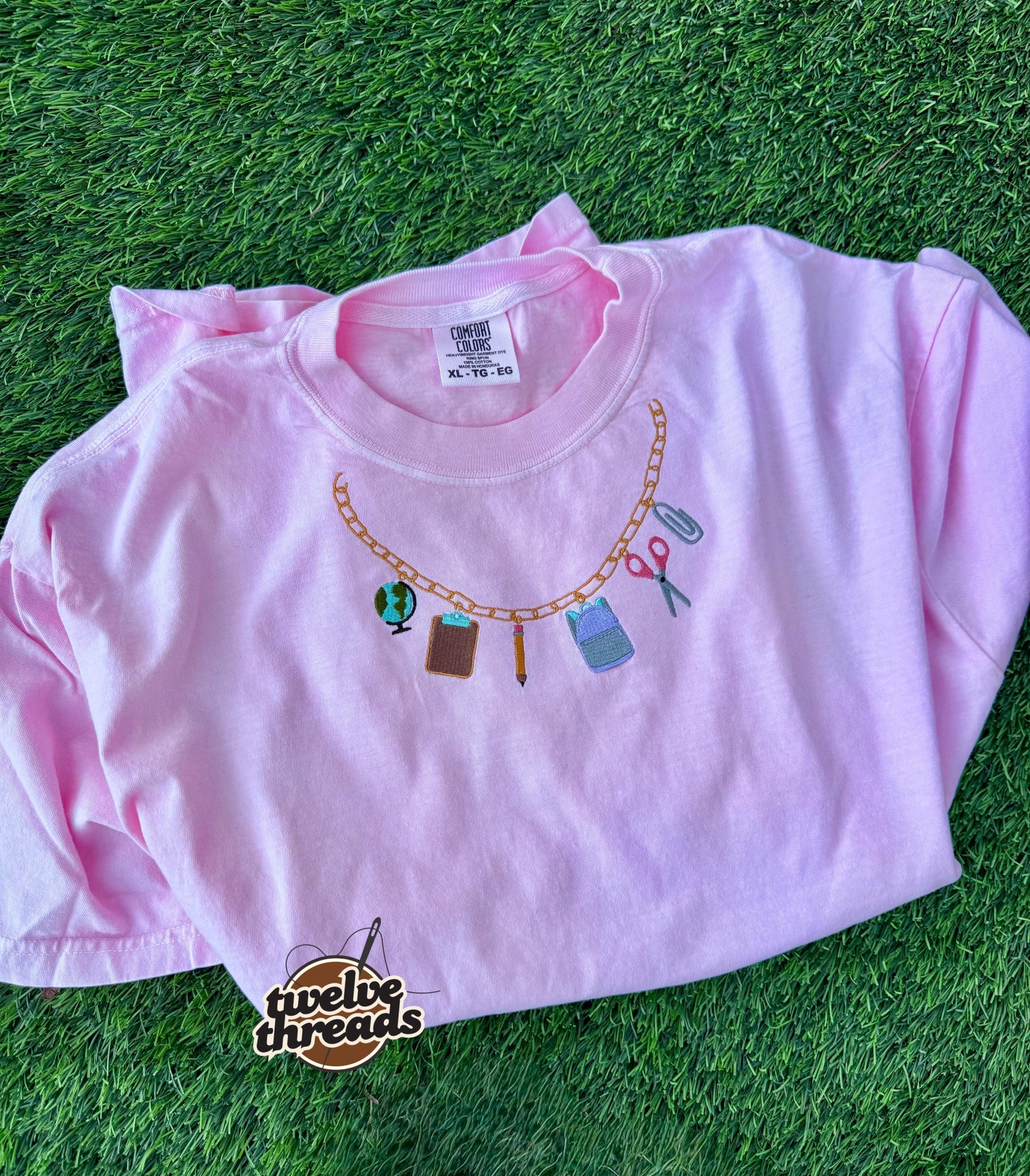 Mini School Charm Necklace, Embroidery on the neckline, School supplies embroidered t shirt, Faux necklace chain charm embroidery, teacher