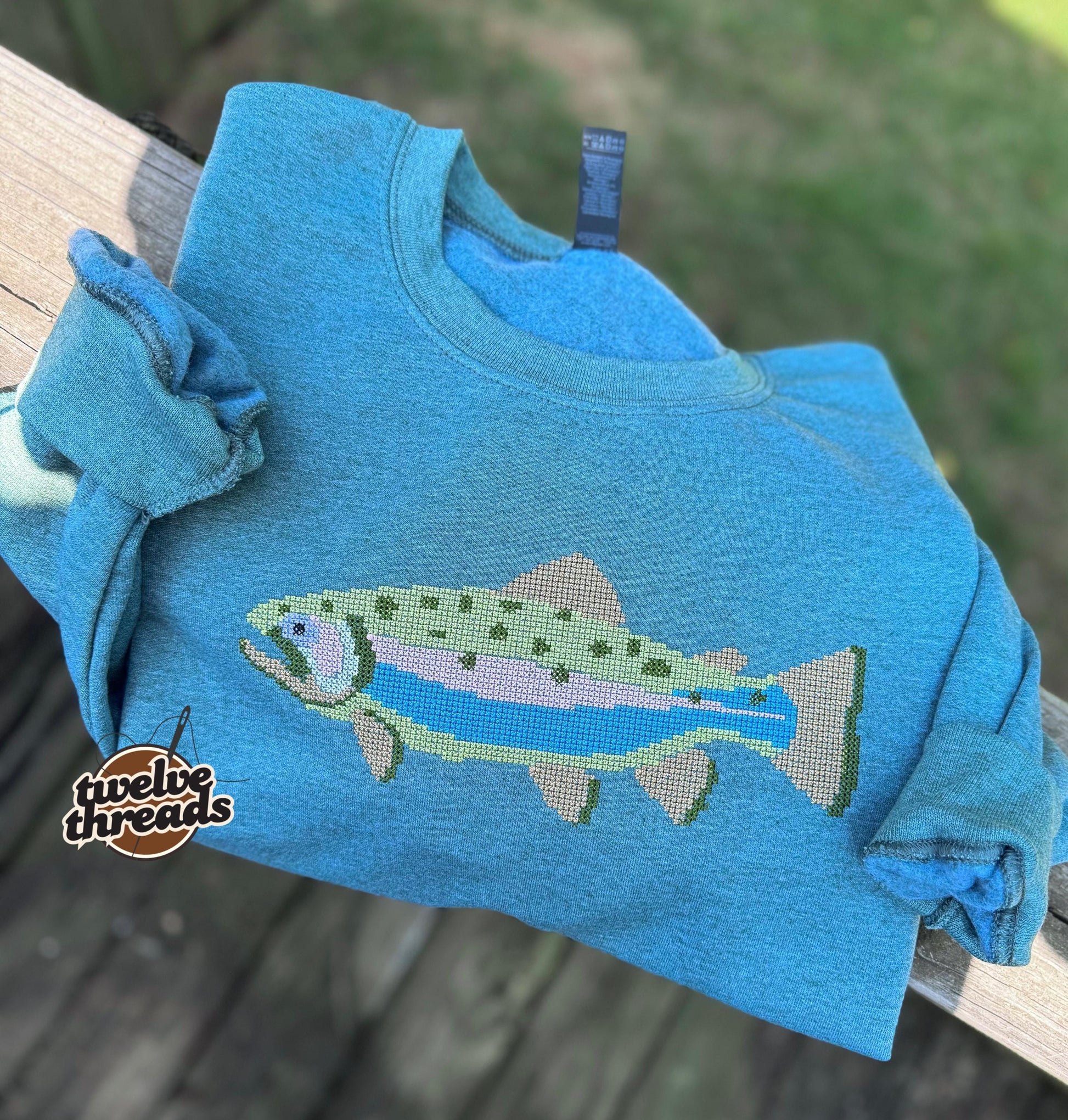 Embroidered trout cross stitch design, fishing trout, trendy popular fish trout embroidery, cross stitch detailed design, comfort colors