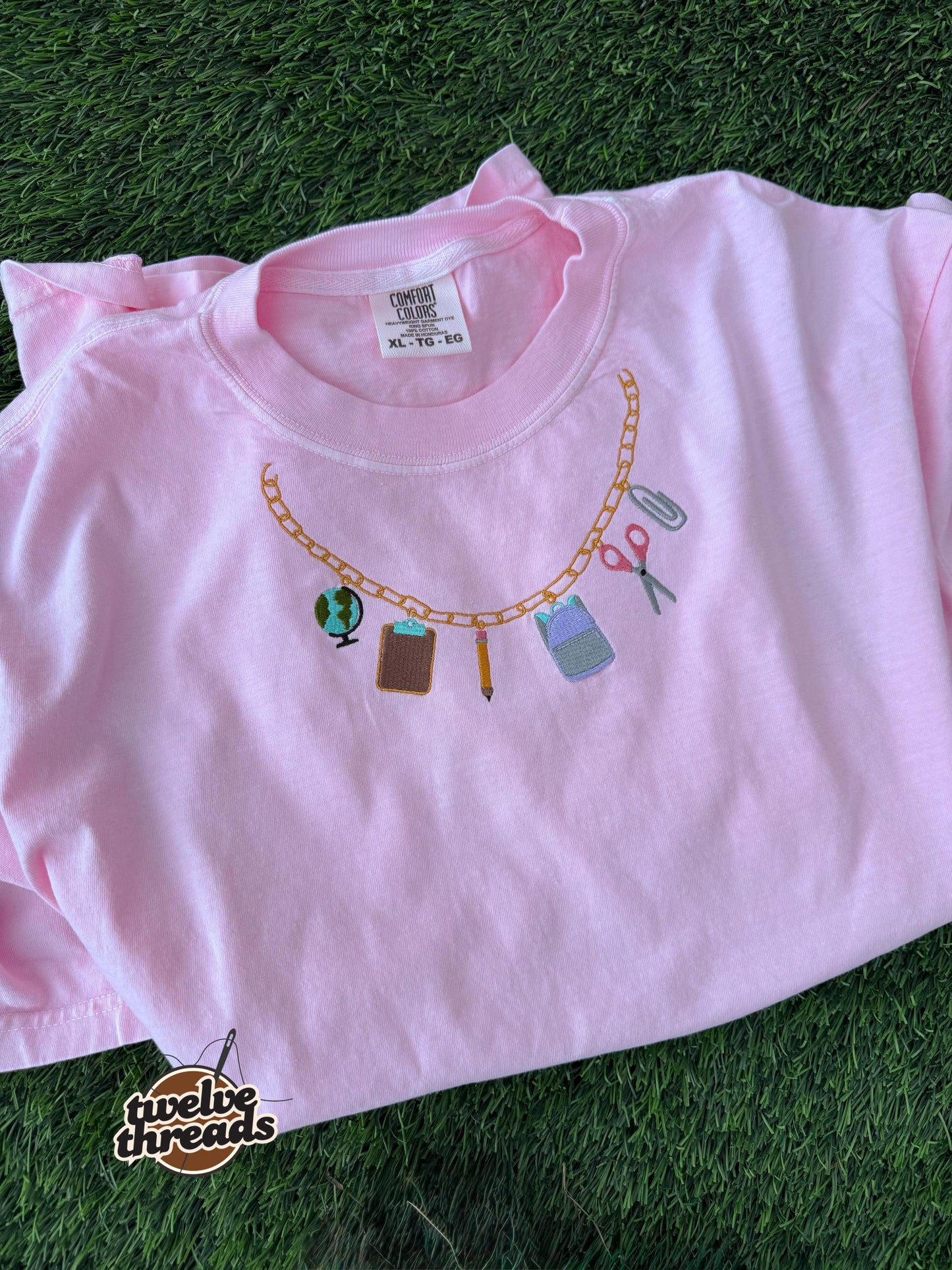 Mini School Charm Necklace, Embroidery on the neckline, School supplies embroidered t shirt, Faux necklace chain charm embroidery, teacher