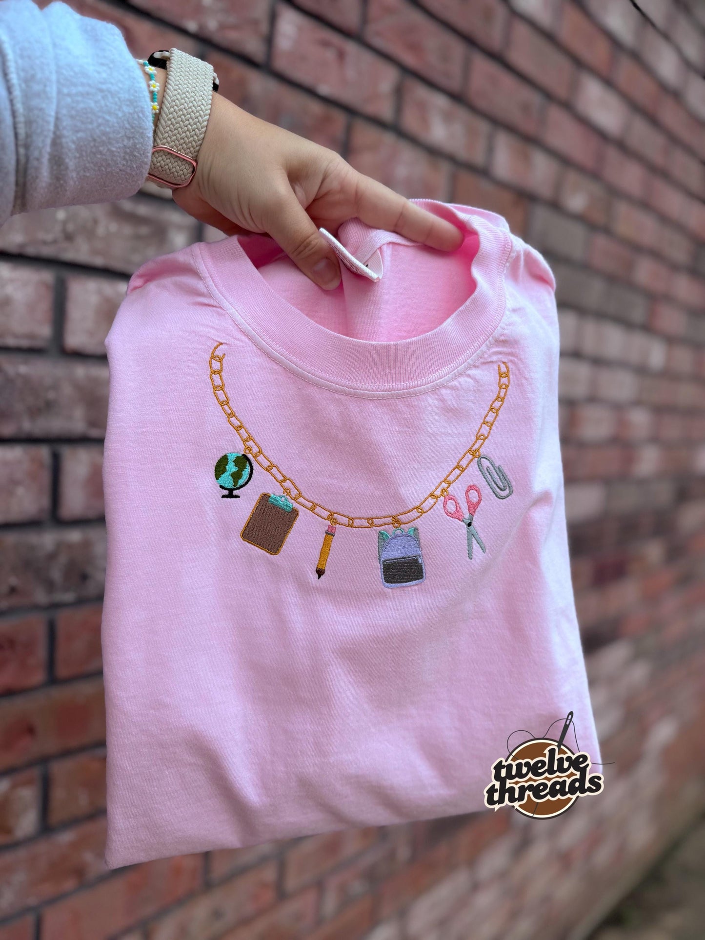 Mini School Charm Necklace, Embroidery on the neckline, School supplies embroidered t shirt, Faux necklace chain charm embroidery, teacher