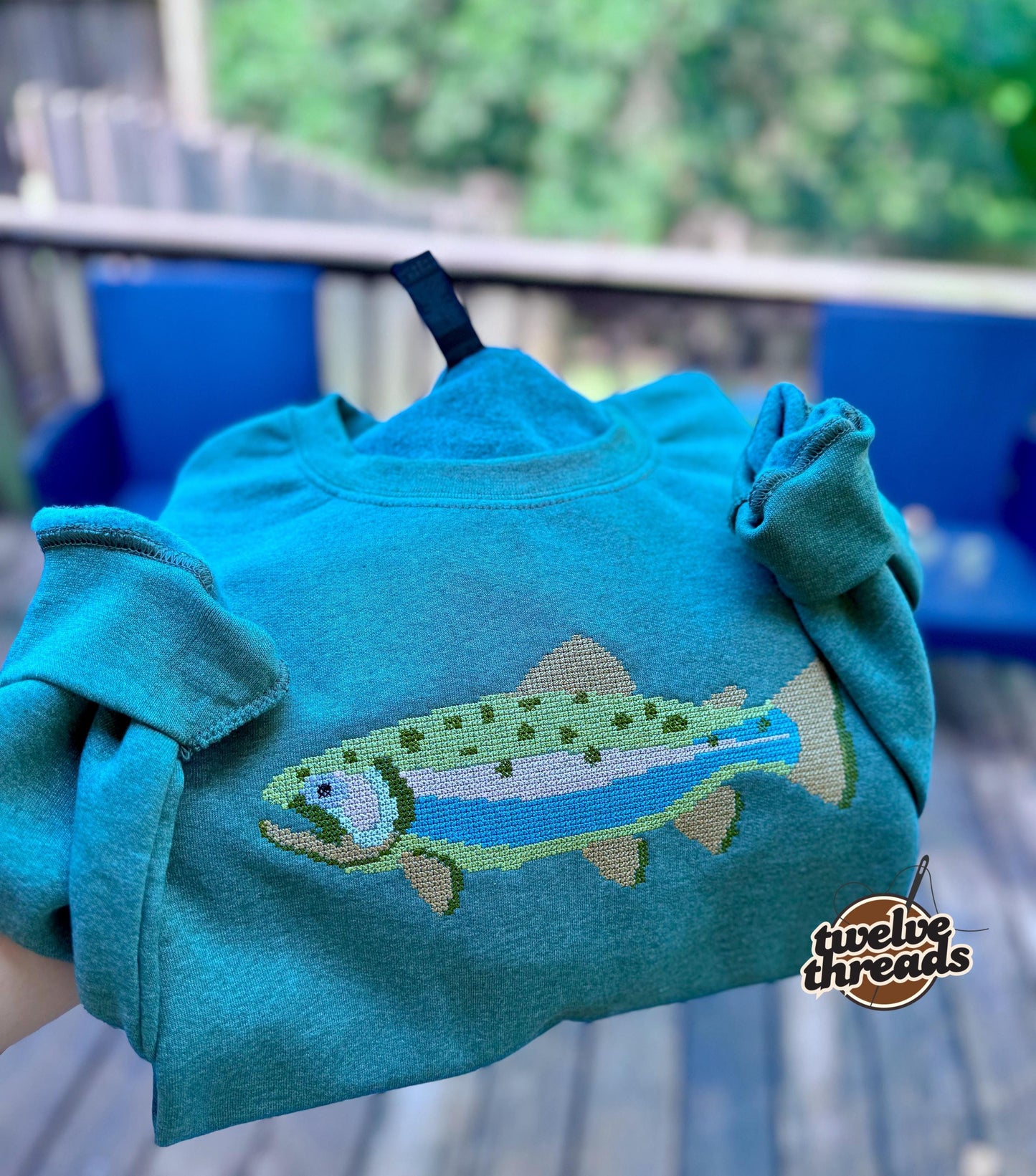 Embroidered trout cross stitch design, fishing trout, trendy popular fish trout embroidery, cross stitch detailed design, comfort colors