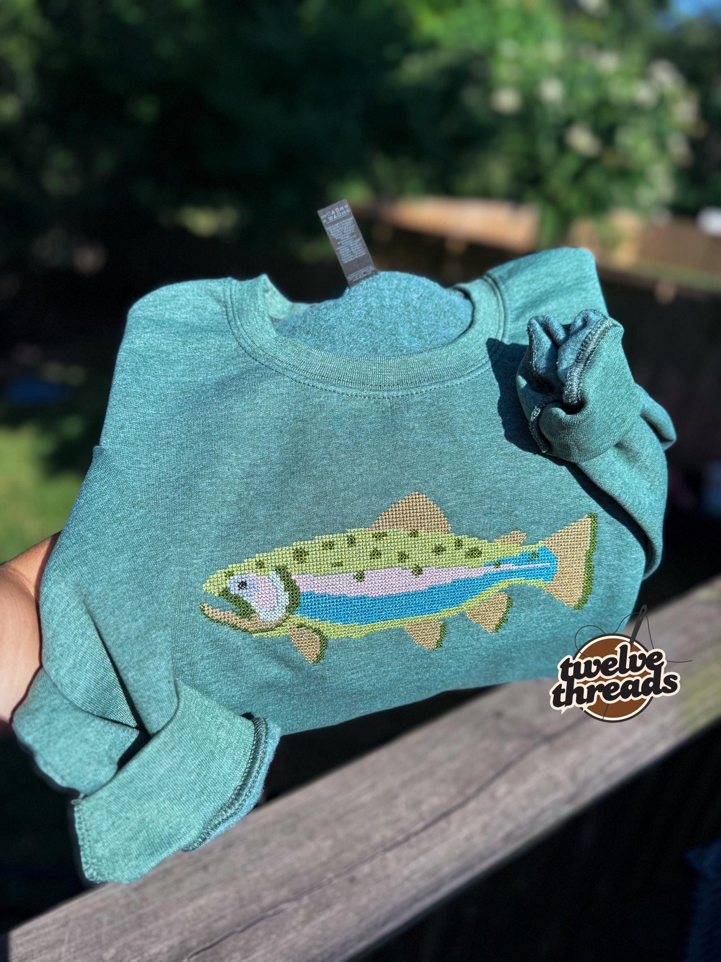 Embroidered trout cross stitch design, fishing trout, trendy popular fish trout embroidery, cross stitch detailed design, comfort colors