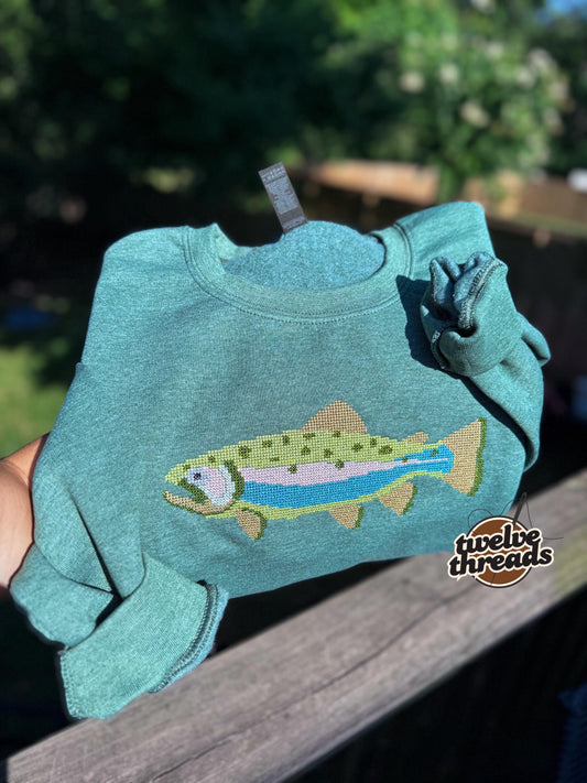 Embroidered trout cross stitch design, fishing trout, trendy popular fish trout embroidery, cross stitch detailed design, comfort colors