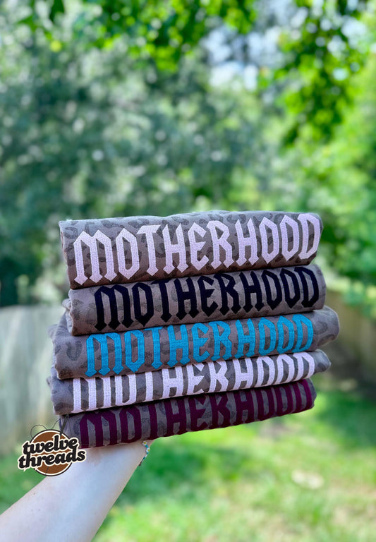 Embroidered motherhood punk rock font, mama t shirt, embroidery, embroidered comfort colors, mom, mama, Mother’s Day, Gildan, motherhood,tee