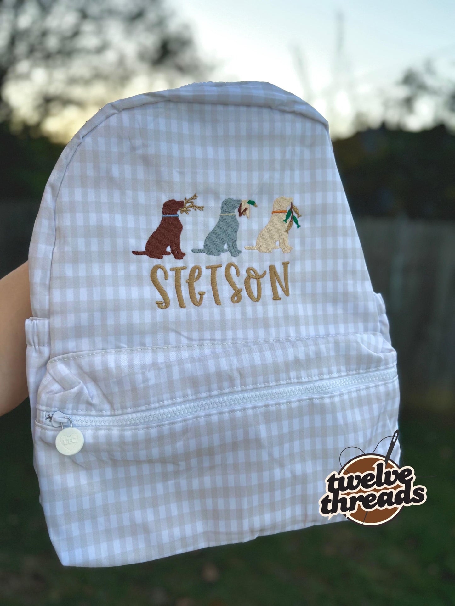 Embroidered Seersucker backpack - hunting ducks gingham - kids backpack - diaper bag - dog hunt backpack - embroidered backpack - embroidery