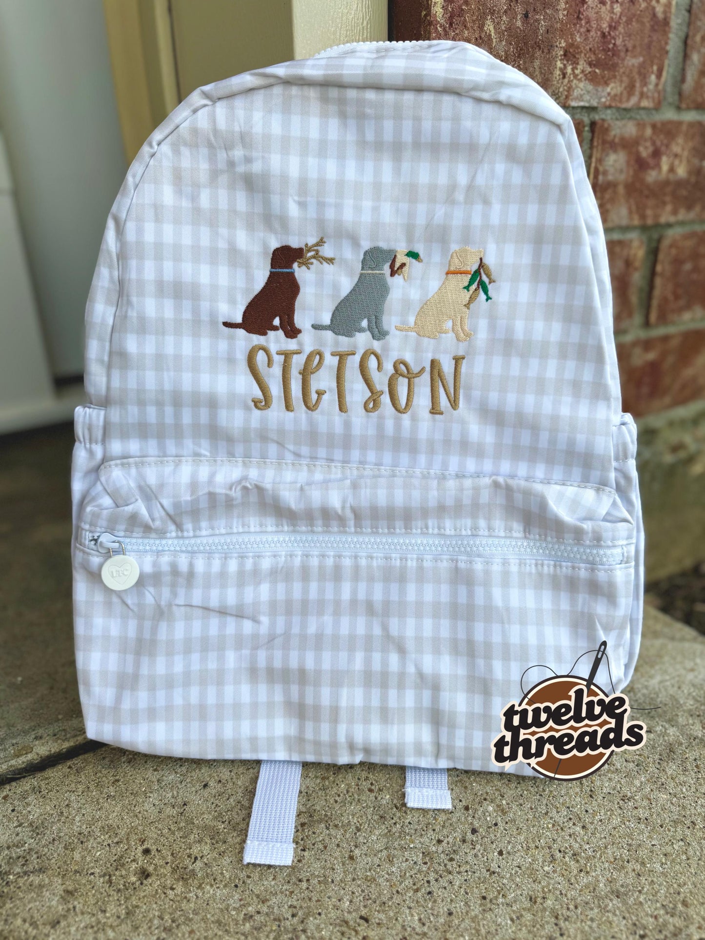 Embroidered Seersucker backpack - hunting ducks gingham - kids backpack - diaper bag - dog hunt backpack - embroidered backpack - embroidery